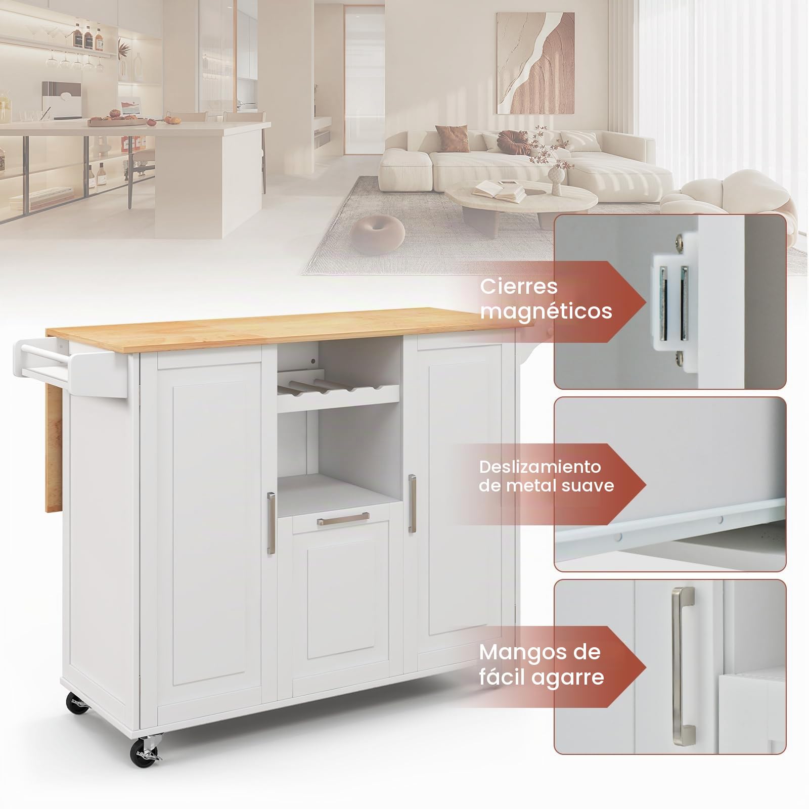 KOMFOTTEU Carro de Cocina con Ruedas, Isla de Cocina con Encimera de Madera Abatible, Carrito Auxiliar con Cajón, Portabotellas, 2 Armario de Puerta y Toallero, 130 x 45 x 90 cm (Blanco)