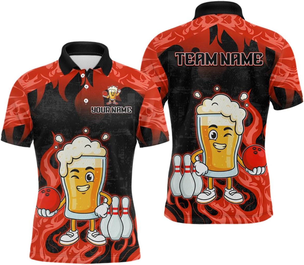Funny Beer Bowling Shirts for Team Men Women Funny Bowling Jersey Flaming Bowling Polo and 1/4 Zip Shirt Bowling League