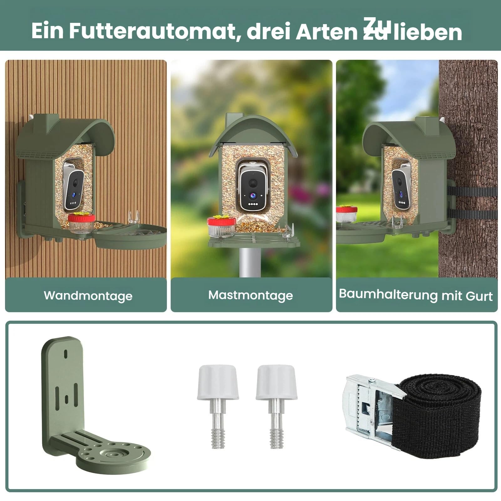Vogelhaus mit Kamera, 3K Smart Vogelhäuschen mit KI-Vogelerkennung & Vogeltränke, Solarbetrieben Vogelbeobachtung Kamera mit Edelstahlkabel & Futter-Schutznetz, Outdoor Garten Geschenk