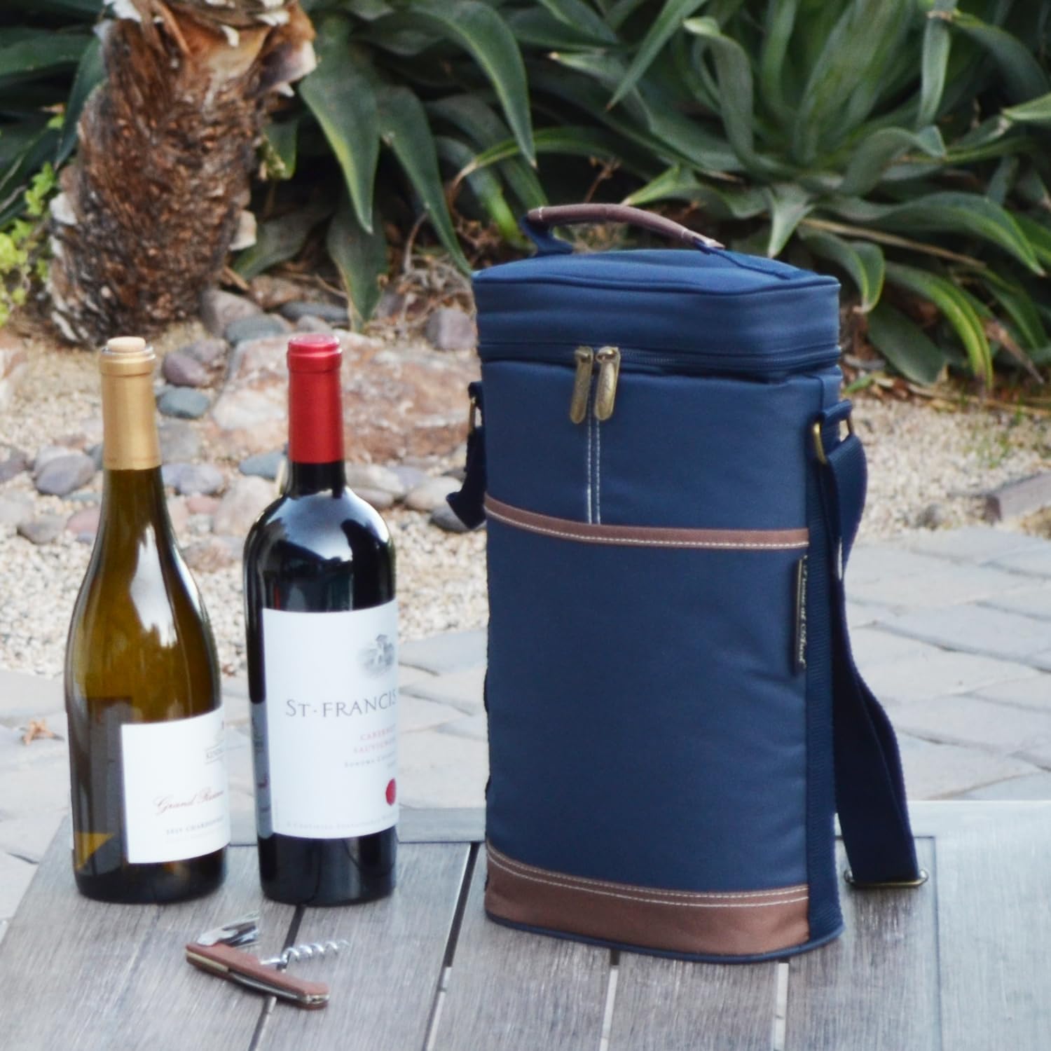 Picnic at Ascot - Insulated 2 Bottle Travel Wine Tote with Corkscrew & Shoulder Strap - Navy