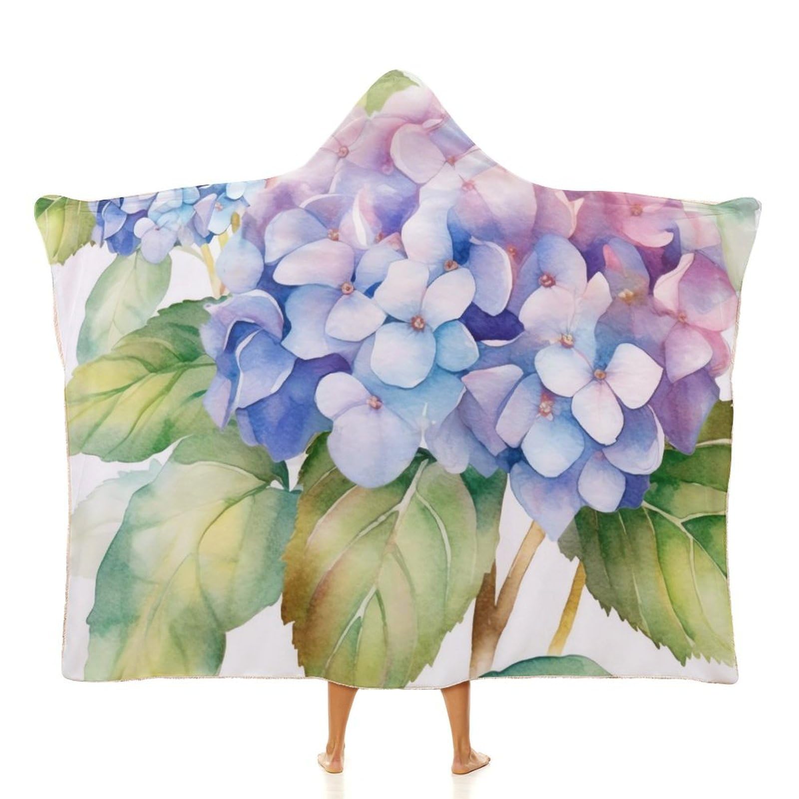 Couverture à capuche hortensia aquarelle en peluche premium blanche