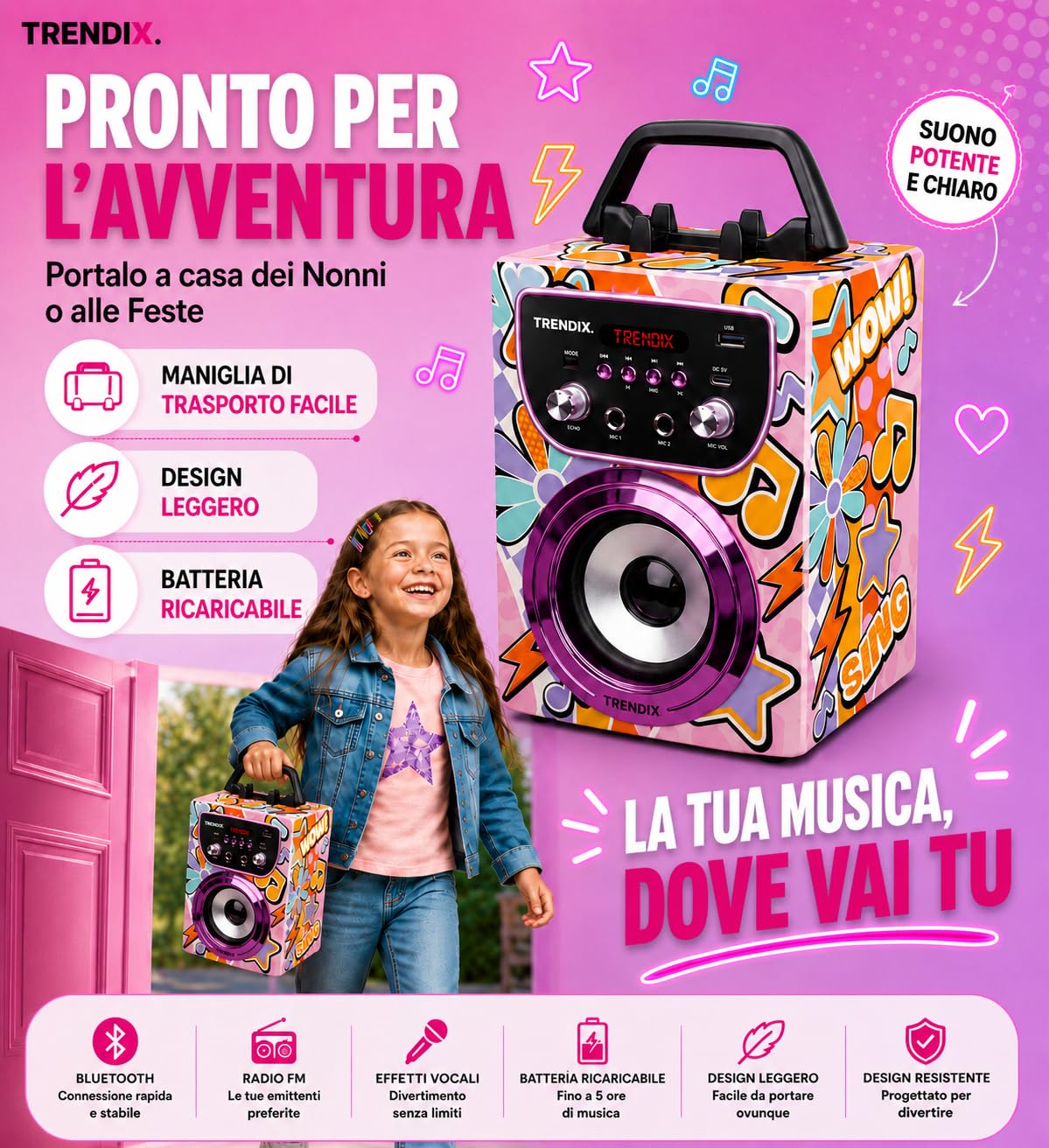 Trendix - Karaoke Per Bambini Magic Melody | Cassa Bluetooth Con Microfono, Radio Fm, Usb | Cassa Karaoke Con 2 Microfoni | 2 Microfoni Bluetooth | Regalo