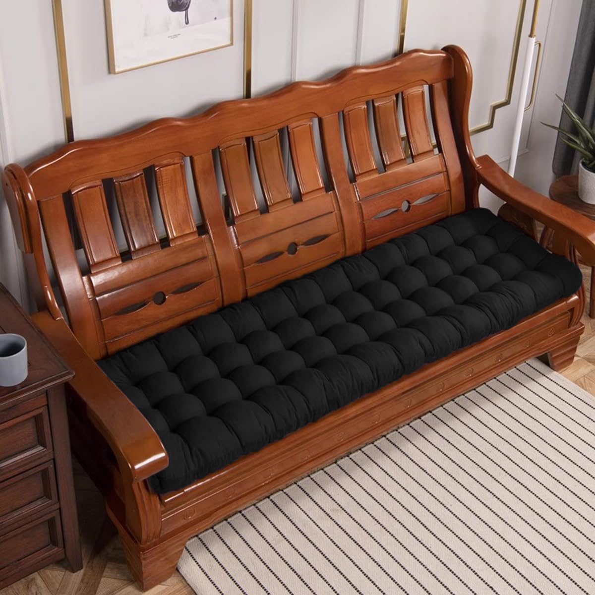 Dicke, rutschfeste Bank mit Bändern für 2/3/4 Sitze, drinnen und draußen, ideal für Terrasse, Balkon, Büro, Sofa, Strand, Hof (Schwarz, 165 x 53 cm)