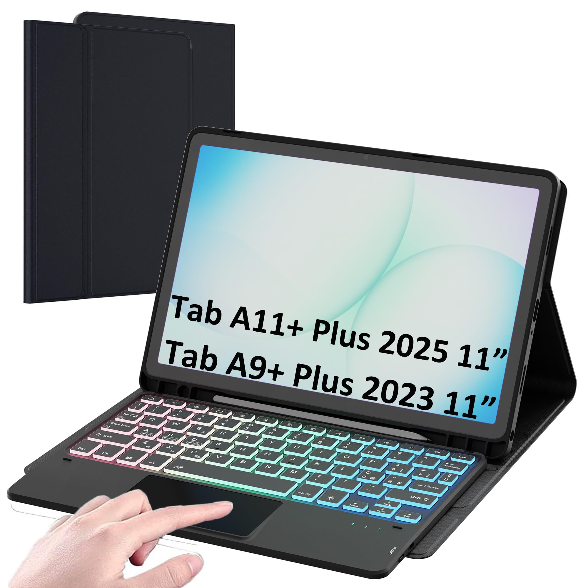 Custodia con tastiera per Samsung Galaxy Tab A11+ Plus 2025/A9+ Plus 2023 11": tastiera retroilluminata 7 colori con trackpad Intelligente - tastiera wireless rimovibile con Layout italiano QWERTY