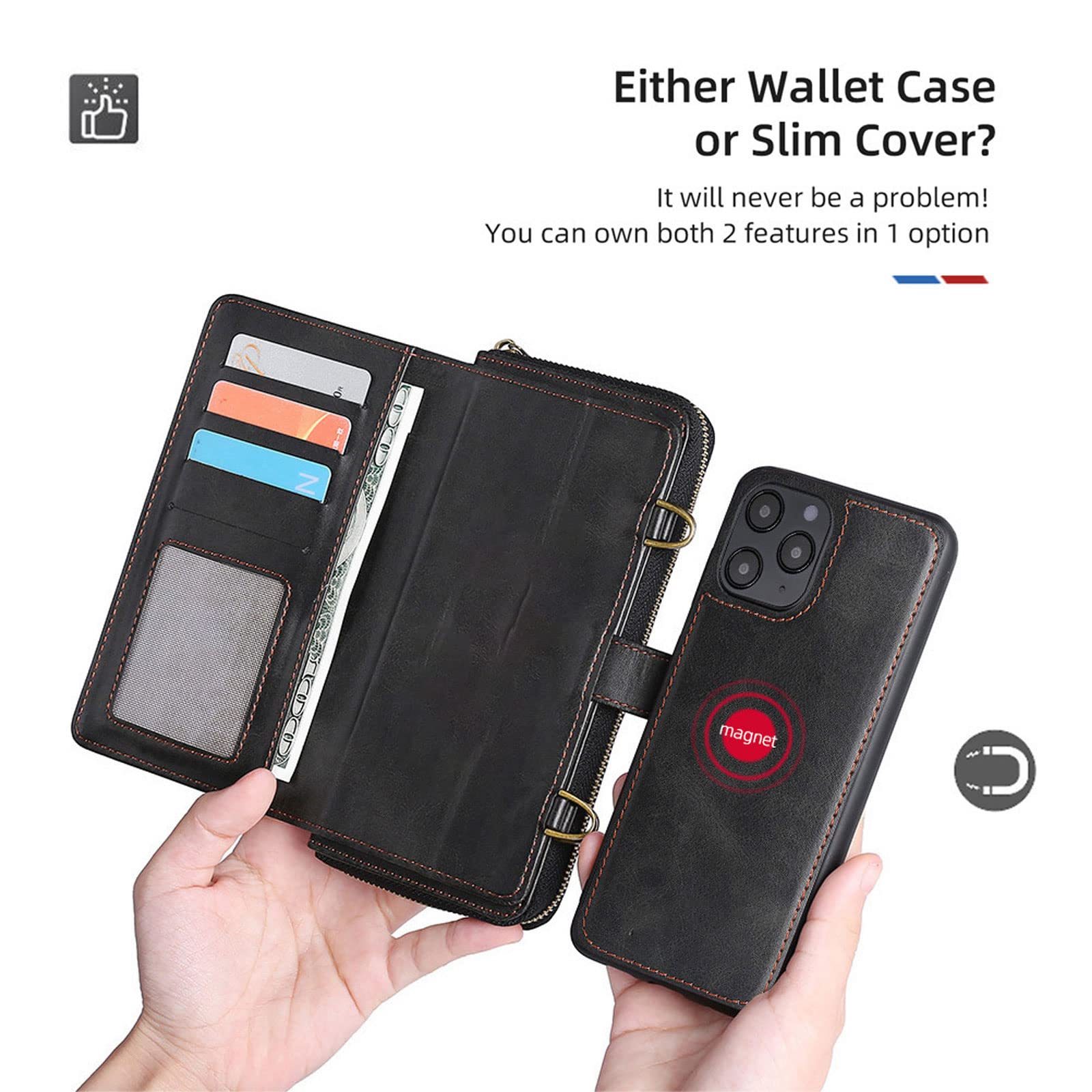 Etui do iPhone 14 / 14 Pro / 14 Plus / 14 Pro Max, klapki, zamek błyskawiczny, etui na telefon komórkowy, przegródka na karty, magnetyczne, odporne na zarysowania, czarne, 14 Pro 6,1"