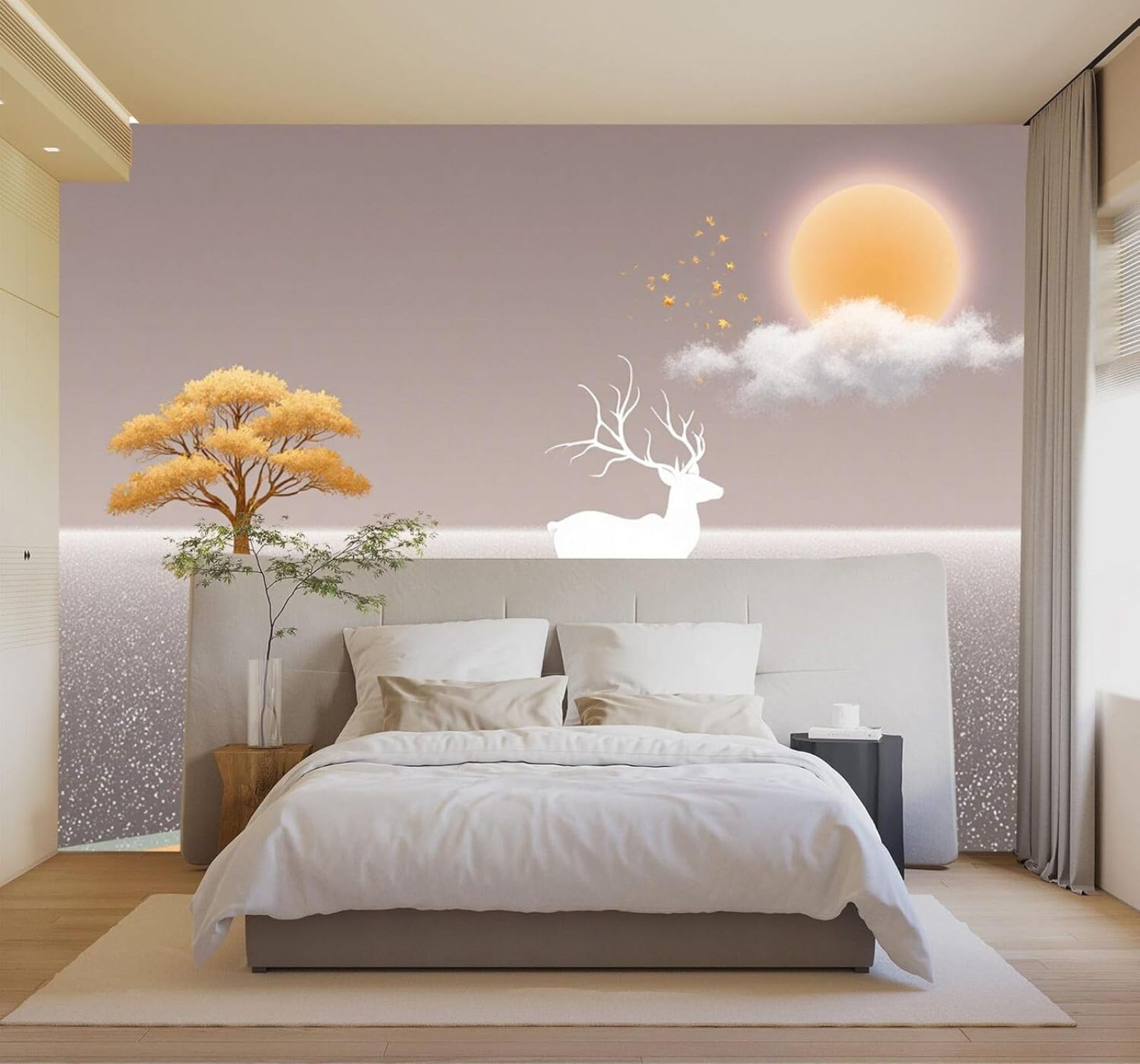 3D Carta da Parati Alberi Dorati Cervo Bianco Tramonto Sentiero Paesaggio