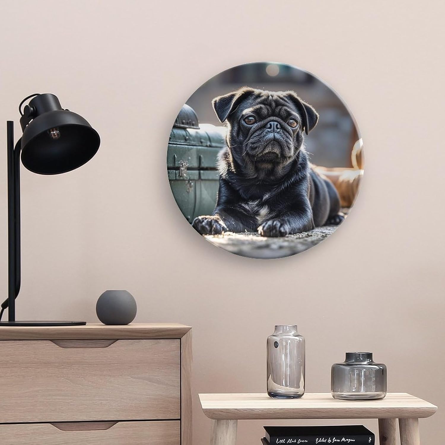 Cute Black Pug Dog Ceramic Plate 10inch Decorative Bone China Wall Hanging Ornament Plates Bohemian Style Dinner Plate with Display Stand Cabinet Display Plates for Home Art Decor