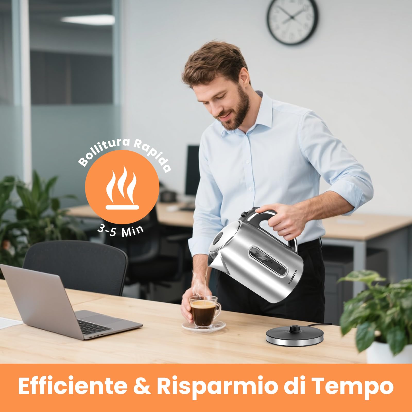 Aigostar Bollitore Elettrico Acciaio Inox 1,7 Litri - Bollitura Rapida Bollitore Acqua Elettrico 2200W, illuminazione a LED per il Livello Dell'acqua, Senza BPA, Con Filtro, Spegnimento Automatico