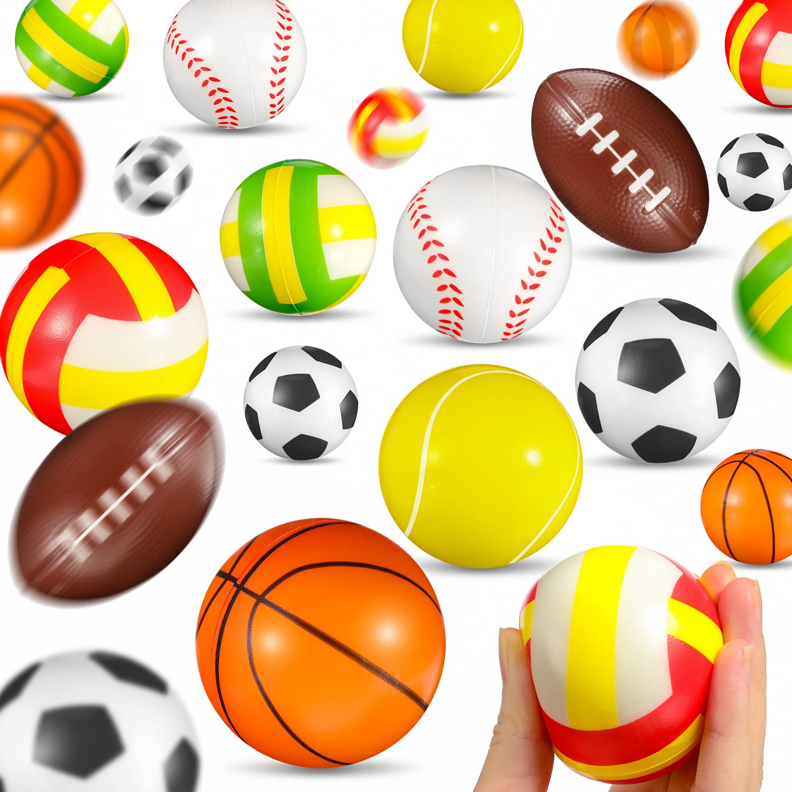 48 Pcs Sports Stress Balls for Kids Sport Party Favors 2.5 Inch Mini Foam Squeeze Balls, Basketball, Football, Baseball, Soccer, Tennis, Volleyball for Stress Relief Classroom Valentines Gifts Prize