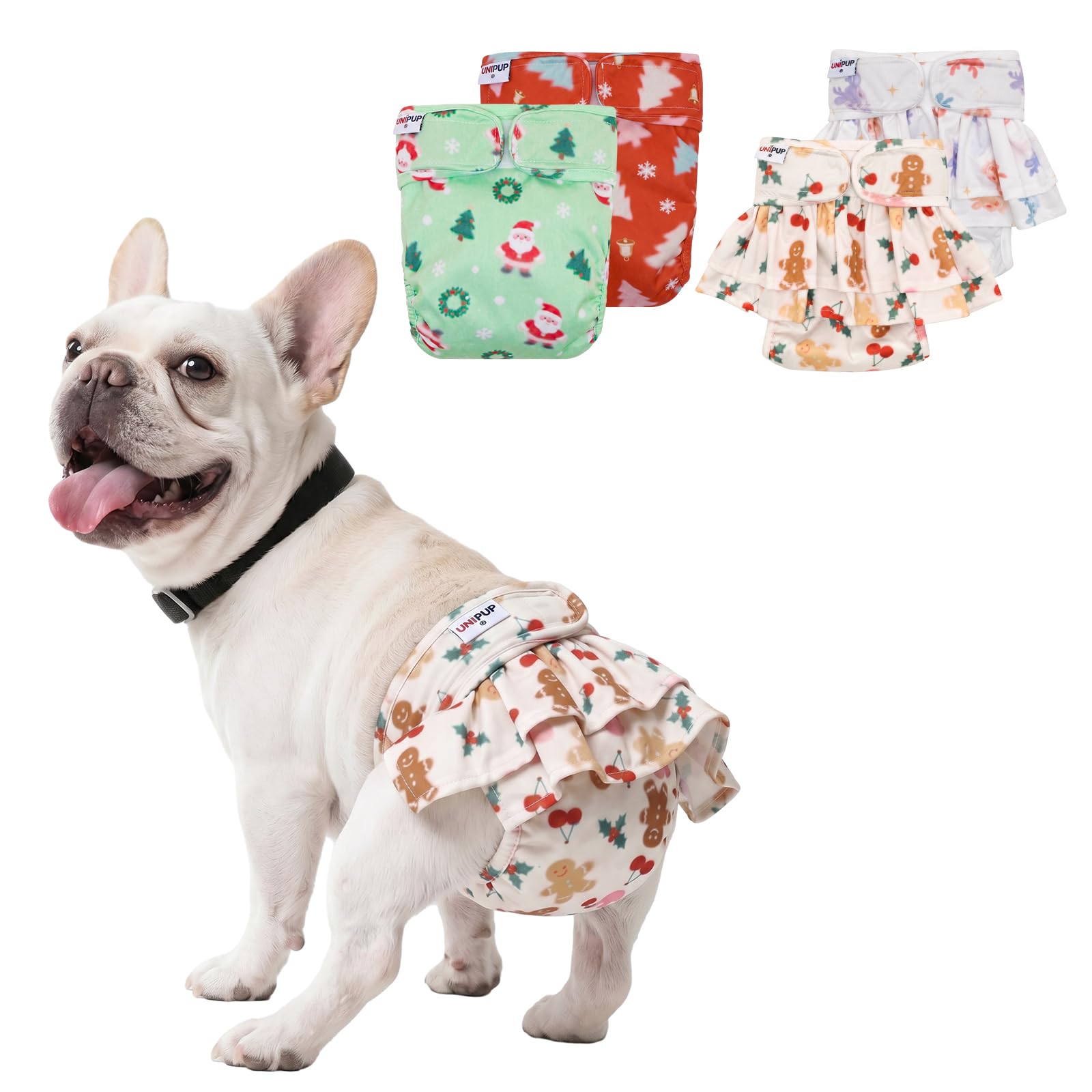 UNIPUP Christmas Female Dog Diapers Reusable No Tail Hole Period Panties Washable Diapers for Docked-Tail Frenchie French Bulldog Boston Terrier Without Tail (2 Pack Regular+2 Pack Skirts) U-WWDQB10S