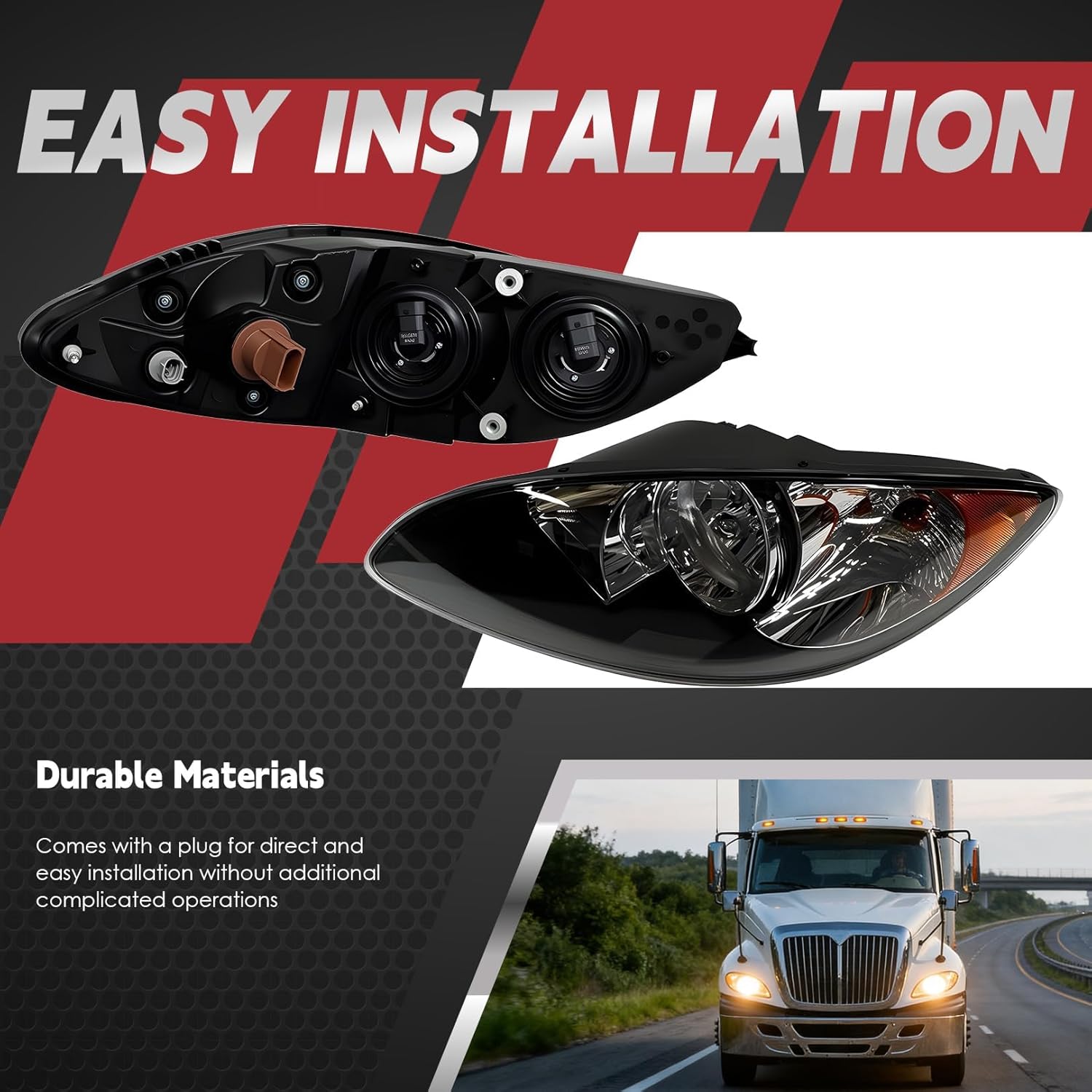 Pair Halogen Headlight Assembly Compatible with Prostar 2008 2009 2010 2011 2012 2013 2014 2015 2016 Black Front Left Right Driver Passenger Side Headlamps Replace 3596016C93 3596015C93