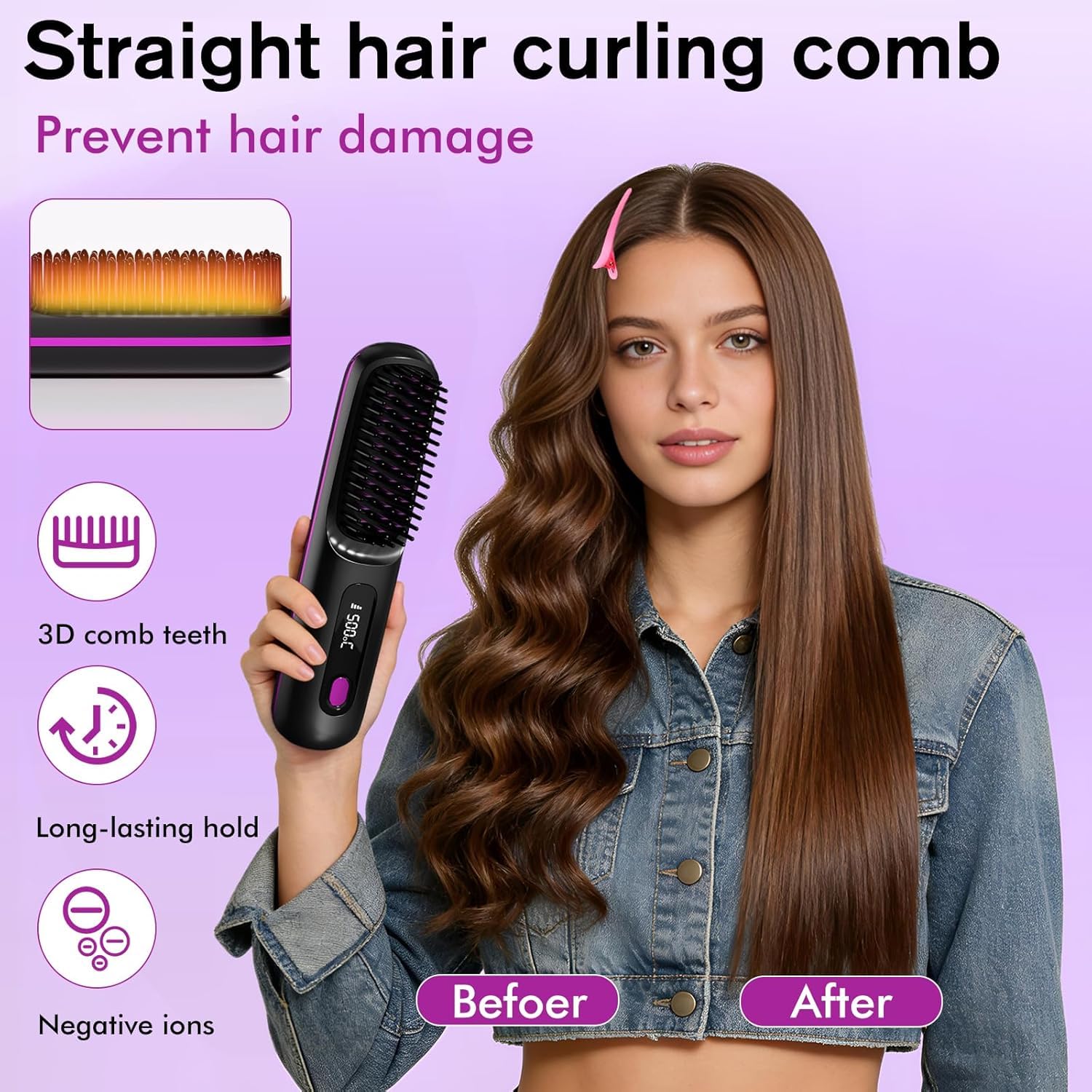 Brosse coiffante pour cheveux courts, brosse à cheveux électrique, brosse lissante sans fil avec affichage LED, 3 niveaux de température, portable, pour cheveux lisses et bouclés, idéale pour les