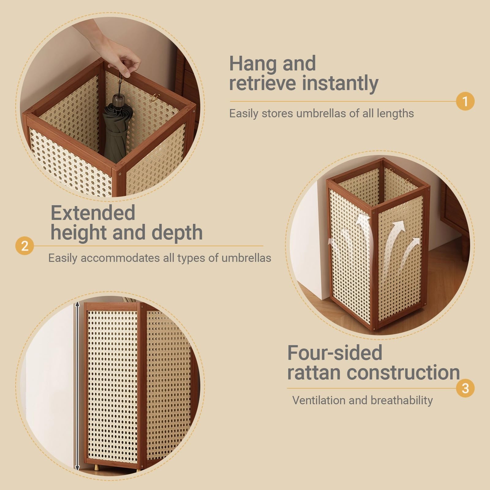 Portaombrelli nero in bambù e rattan con vassoio antigoccia rimovibile, elegante organizer da ingresso per casa o lavoro, design resistente ed elegante, per uso interno ed esterno