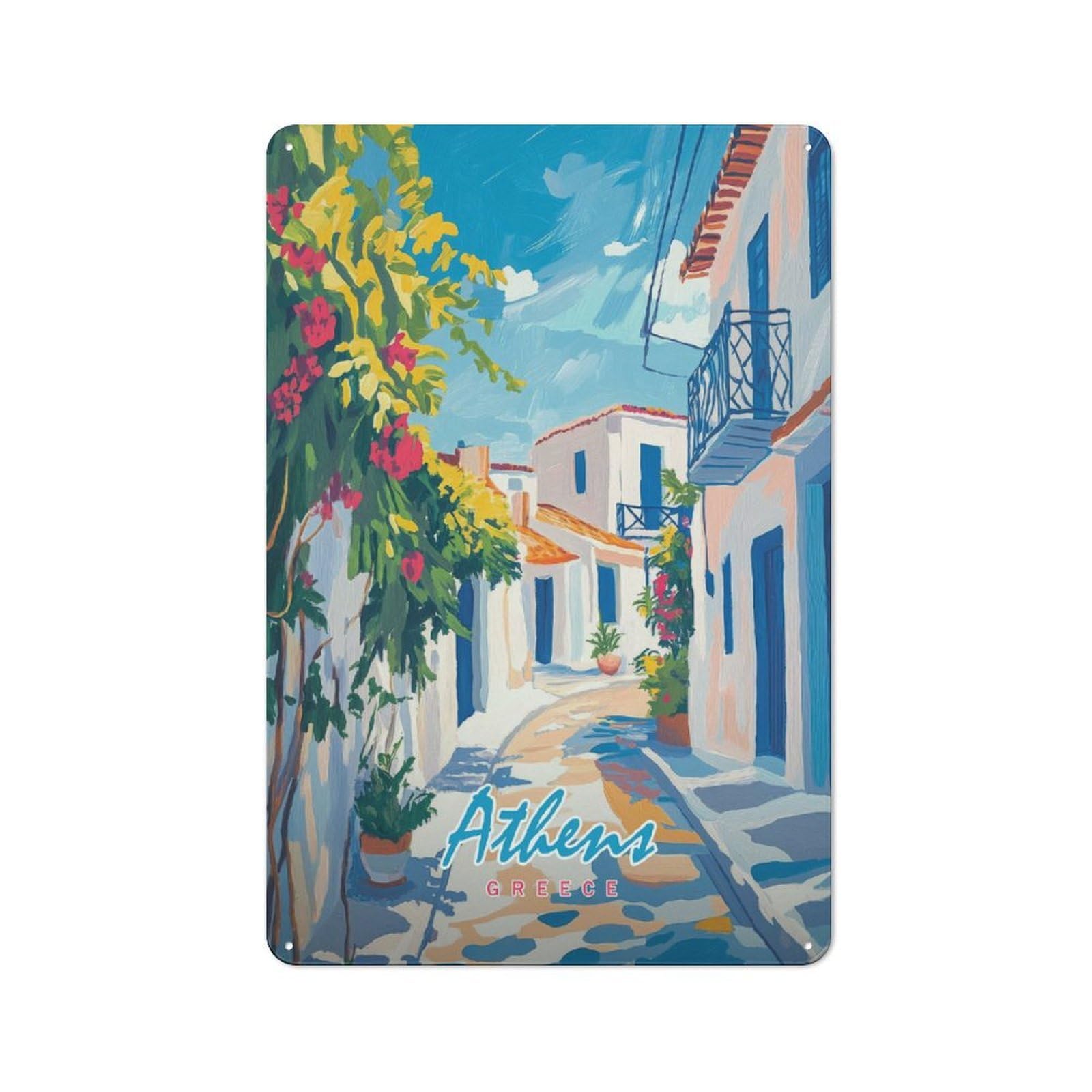 Junmoney Style-1 Athens Greece Street Painting Retro Metal Plaque 30X20cm For Living Room Or Hallway, Suited To Hallway Decor Fans