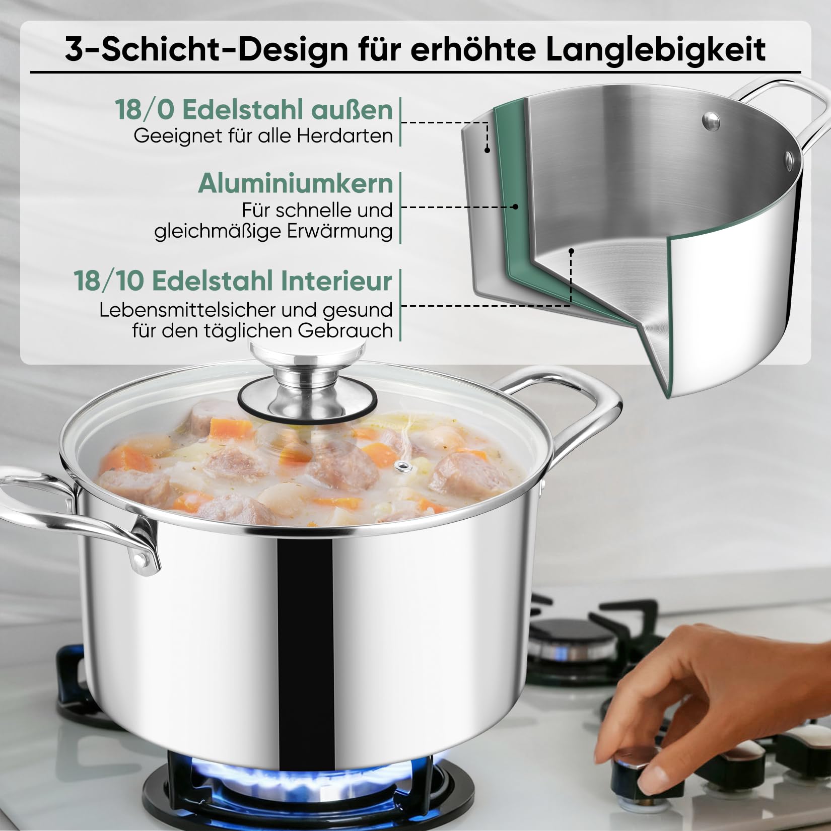 Onader 3-warstwowy garnek ze stali nierdzewnej ze szklaną pokrywką (1, 7,5 l)
