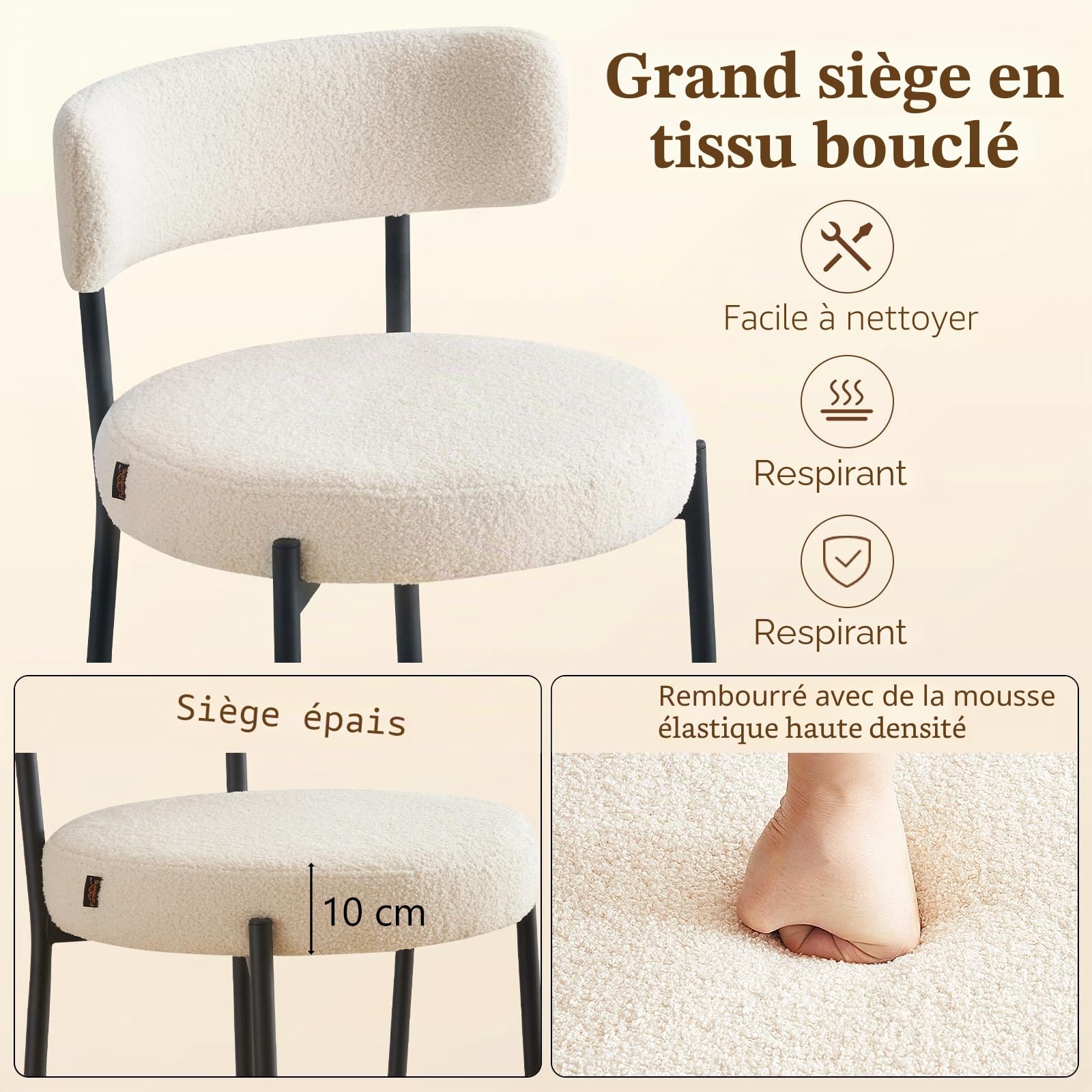 Lot de 4 Tabouret de Bar, Chaise de Bar, Chaise de Cuisine Hauteur 63.5cm, Tabourets Comptoir, Tabouret de Bistrot, Siège Rembourré avec Dossier, Repose-Pieds pour Cuisine, Bar, Blanc
