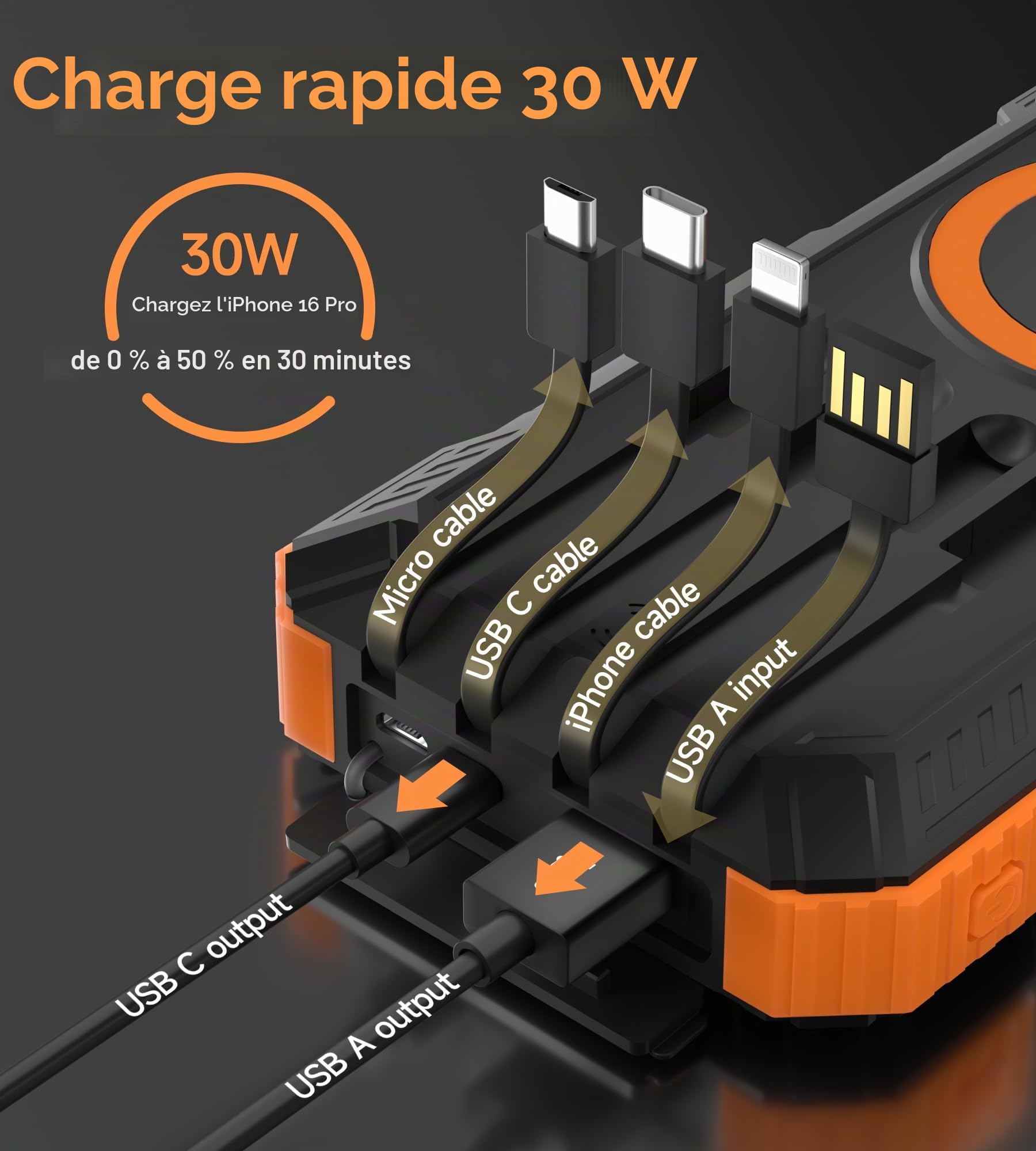56800mAh Power Bank: Solare Wireless Power Bank 30W Ricarica Rapida, Caricatore Portatile Con 4 Cavi Integrati, 6 Uscite, Torcia, Powerbank per Campeggio, Cellulare, Tablet (Orange)