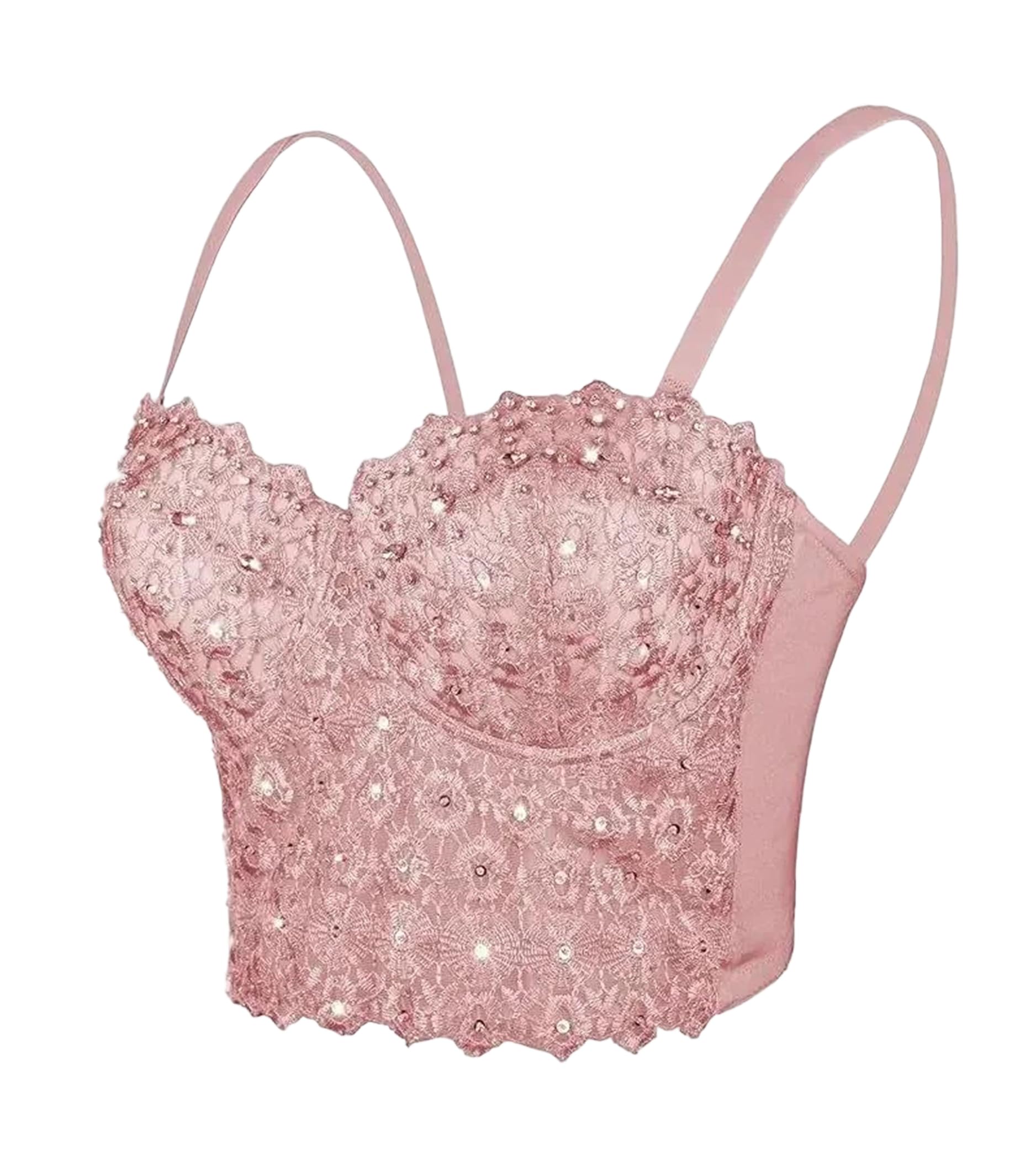 Yeuyyben Top corto de encaje con hombros descubiertos y diamantes de imitación para mujer, corte ajustado, sin mangas, para verano, casual, elegante, Pnnrk, M