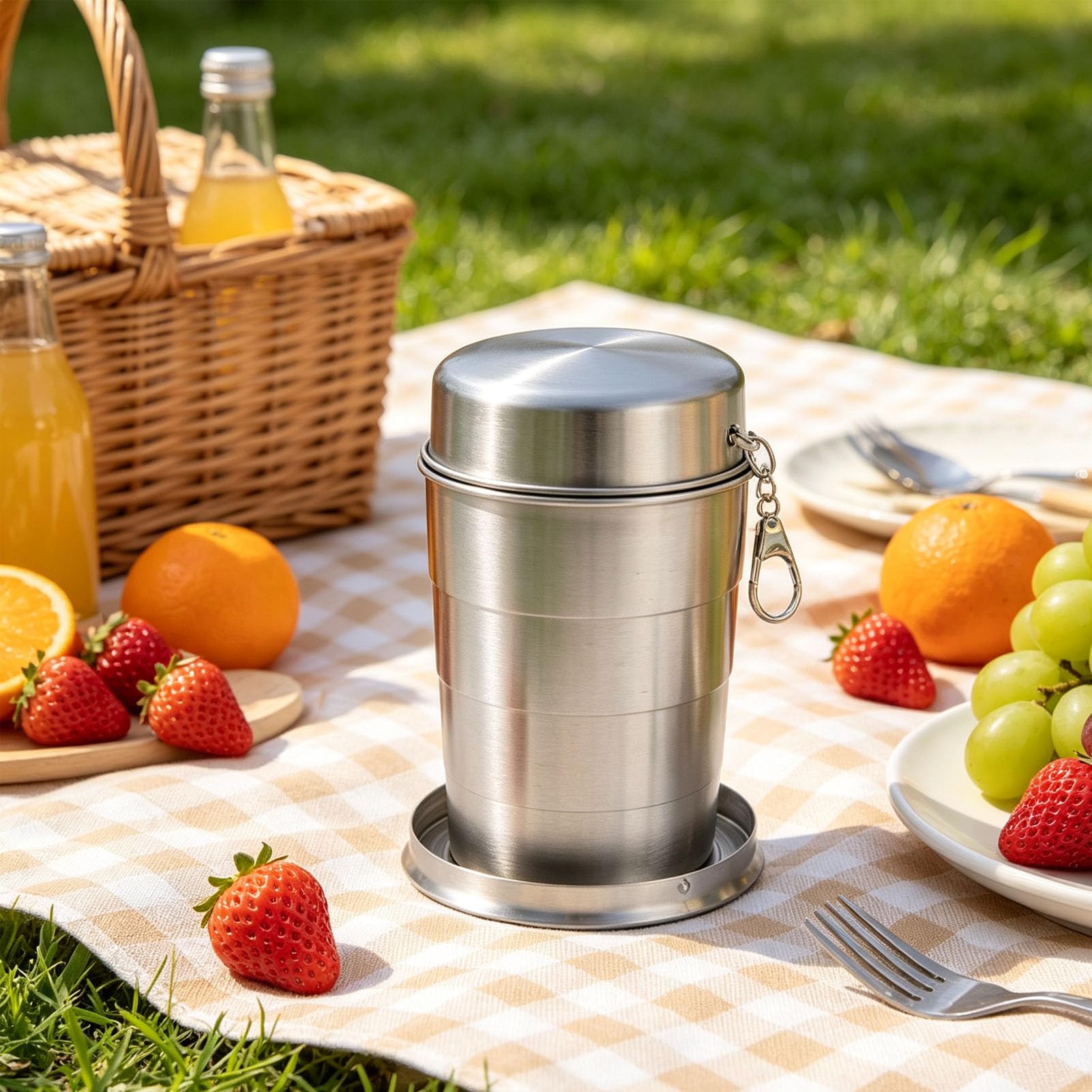 Luocute Tazza Pieghevole in Acciaio Inossidabile, con Portachiavi (Grande | Tazza da Viaggio Pieghevole con Coperchio, per Viaggi in Campeggio