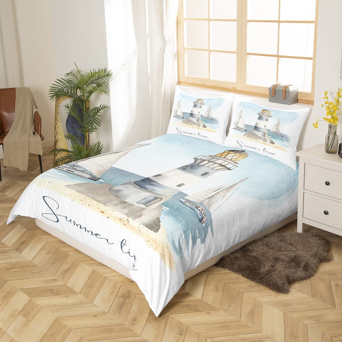 Funda de edredón náutica para velero, funda de edredón con temática oceánica de acuarela, juego de ropa de cama súper King, funda de colcha de verano para playa, decoración de 3 piezas, decoración de