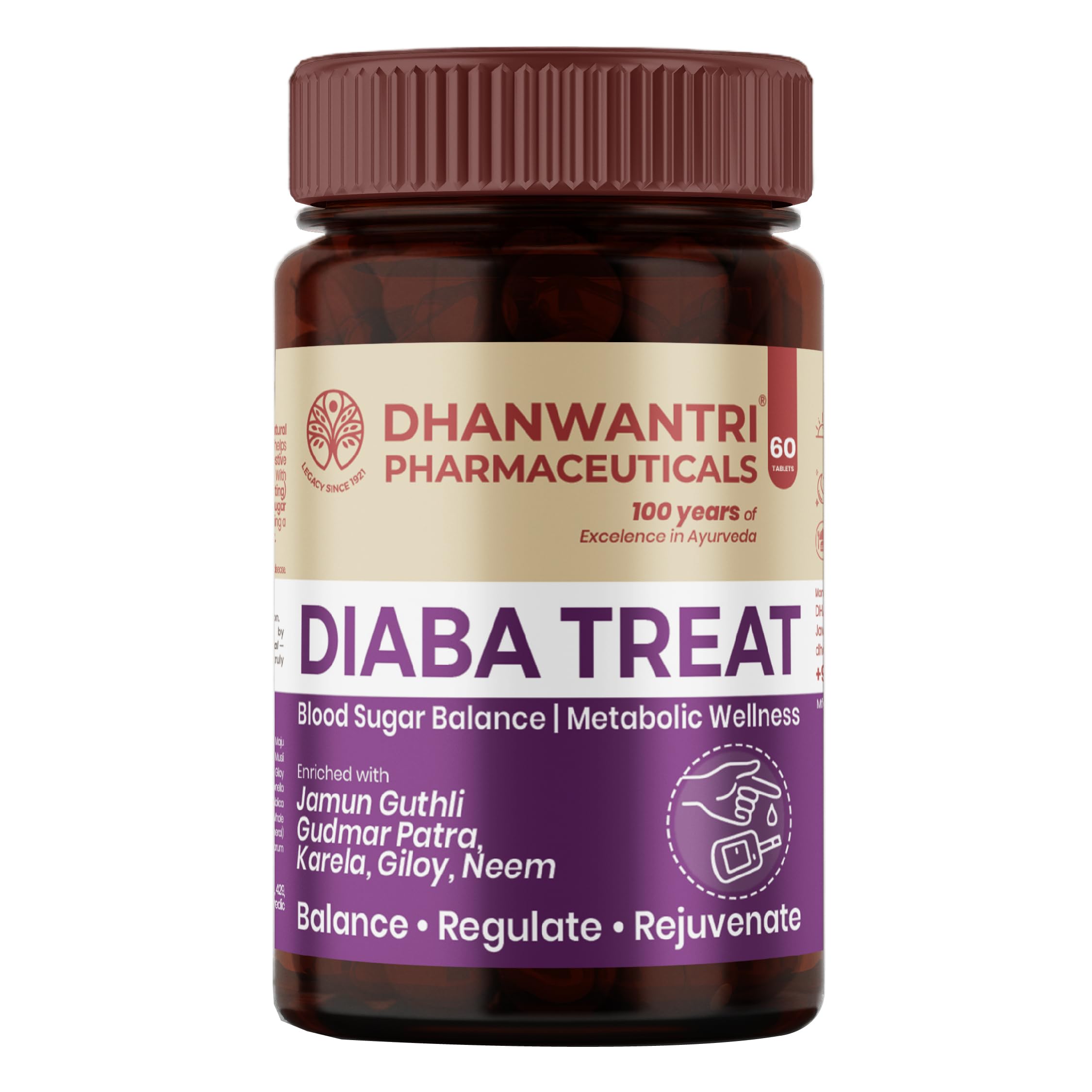 Dhanwantri Pharmaceuticals Diaba Treat Tablets – Ayurvedic Sugar Balance & Metabolic Support with Jamun, Karela & Gudmar | Supports Healthy Blood & Urine Sugar Levels, Energy & Digestion | Tridoshic Herbal Formula | 100+ Years Ayurvedic Legacy - 60 Tabs-picture-23