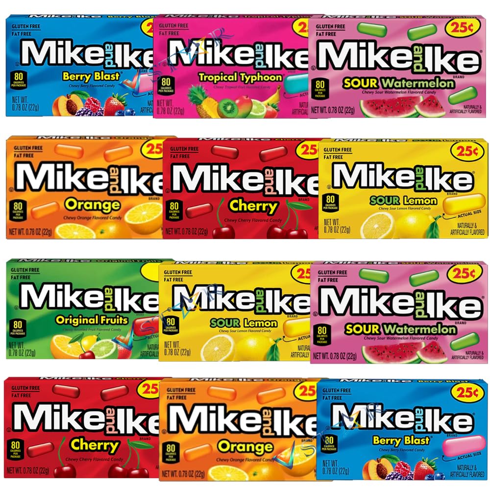 Mike & Ike Berry Blast, Watermelon Blast,Cherry Blast, Original Fruits, Tropical Typhoon, Sour Lemon & Orange Flavour Chewy Candy Sweets PMP 22g (18, Random Mixed)