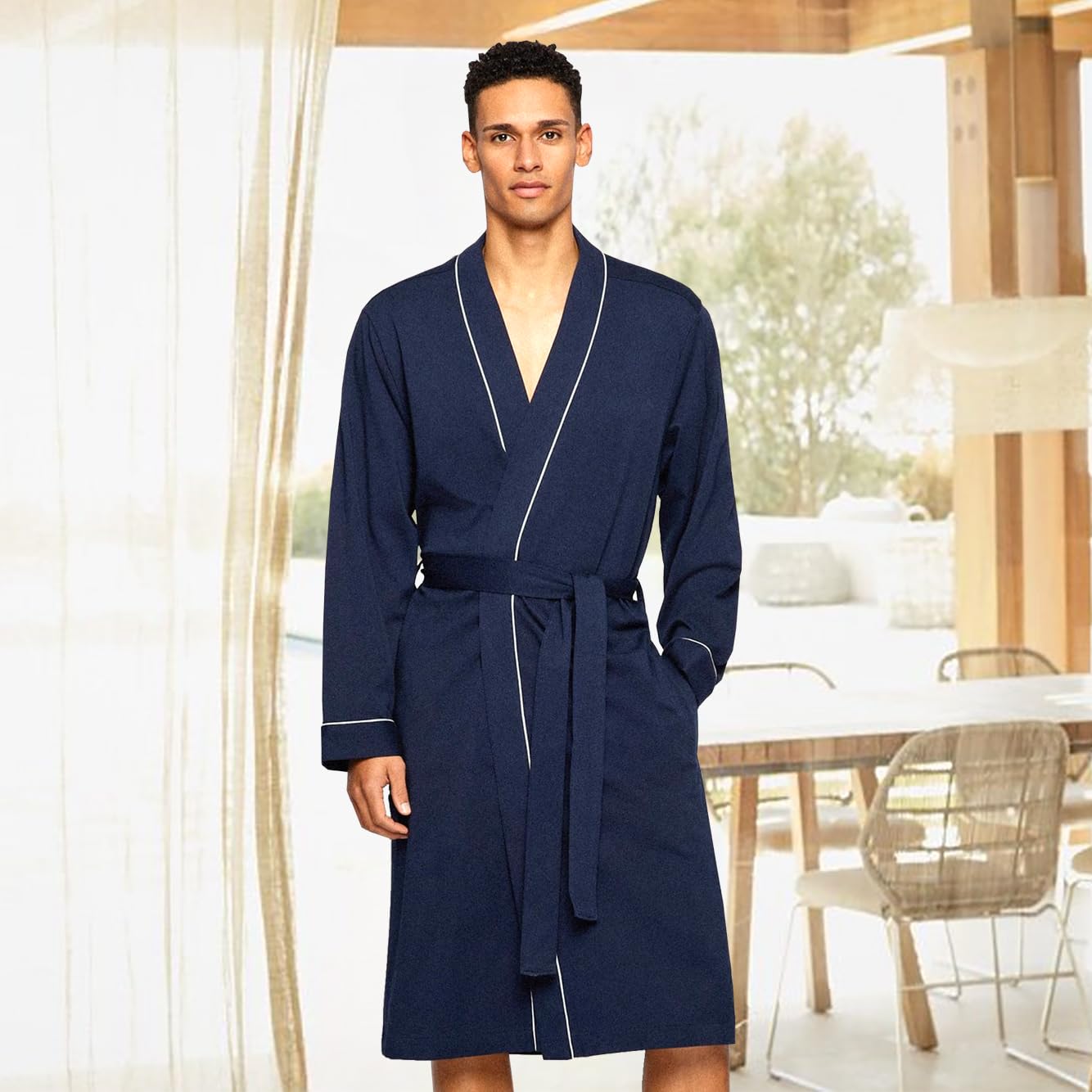 HOLOVE Batshrobes de algodón puro para hombre, kimono ligero y batas con capucha, ropa de dormir suave para spa, Azul marino, Large/X-Large