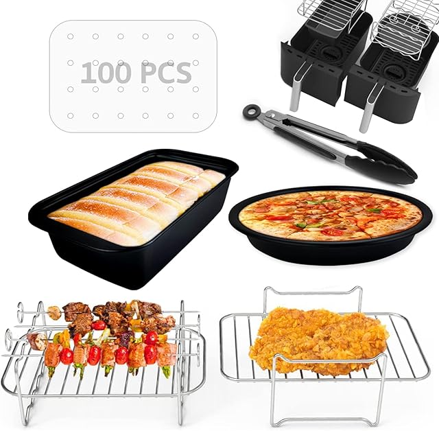 Dual Air Fryer Accessories Set of 6 for Ninja Foodi AF300UK, AF400UK, Instant Vortex, Tower T17088, Salter Dual Zone Deep Air Fryers 7.6L-9.6L