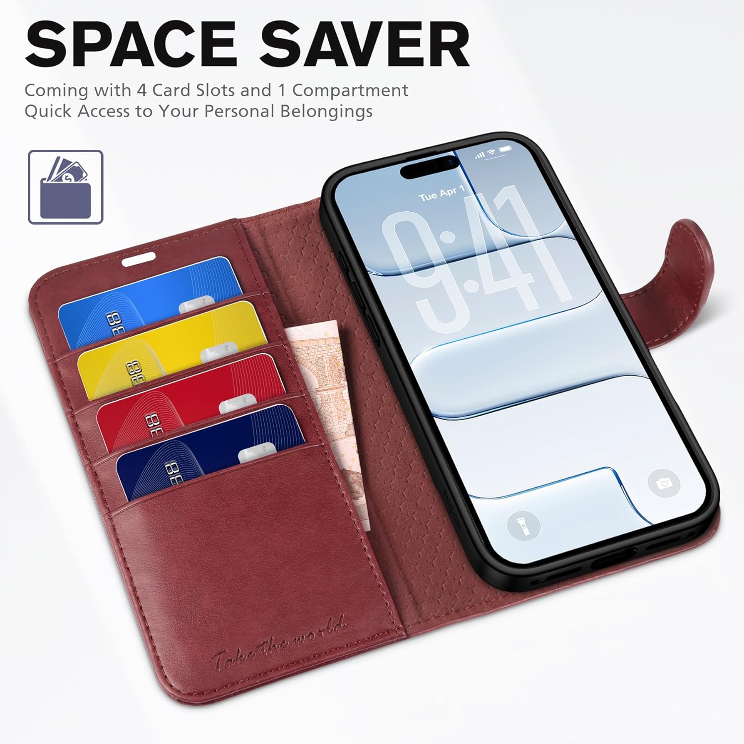 TUCCH Case Wallet for iPhone Air (6.5") 2025, Stand | RFID Blocking | 4 Card Holders | TPU Shockproof Inner Shell | PU Leather | Magnetic Closure Folio Protective Cover | Dark Red