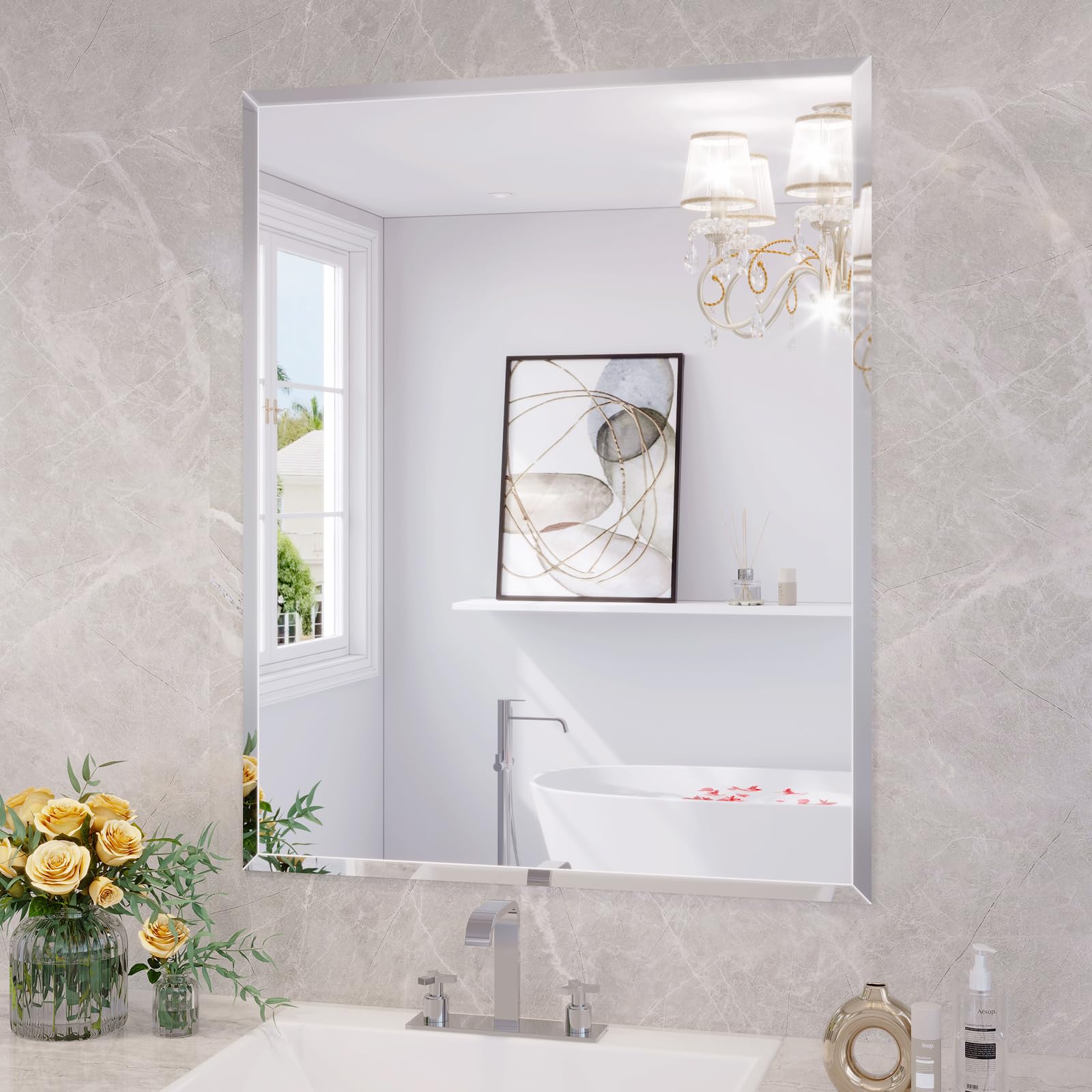 Frameless Bathroom Mirror for Wall 24x30 Beveled Bathroom Vanity Mirror Modern Rectangle Bathroom Mirrors for Bedroom Entryway Living