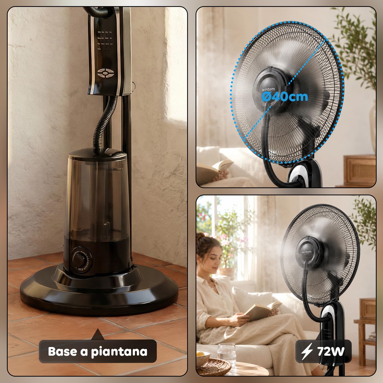 Wintem - Ventilatore a Piantana Silenzioso con Nebulizzatore e Telecomando – Serbatoio 3,2L, 8h Nebulizzazione – 3 Velocità, 3 Modalità Brezza, Oscillante, Timer 7,5h – 75W, Pale 40 cm