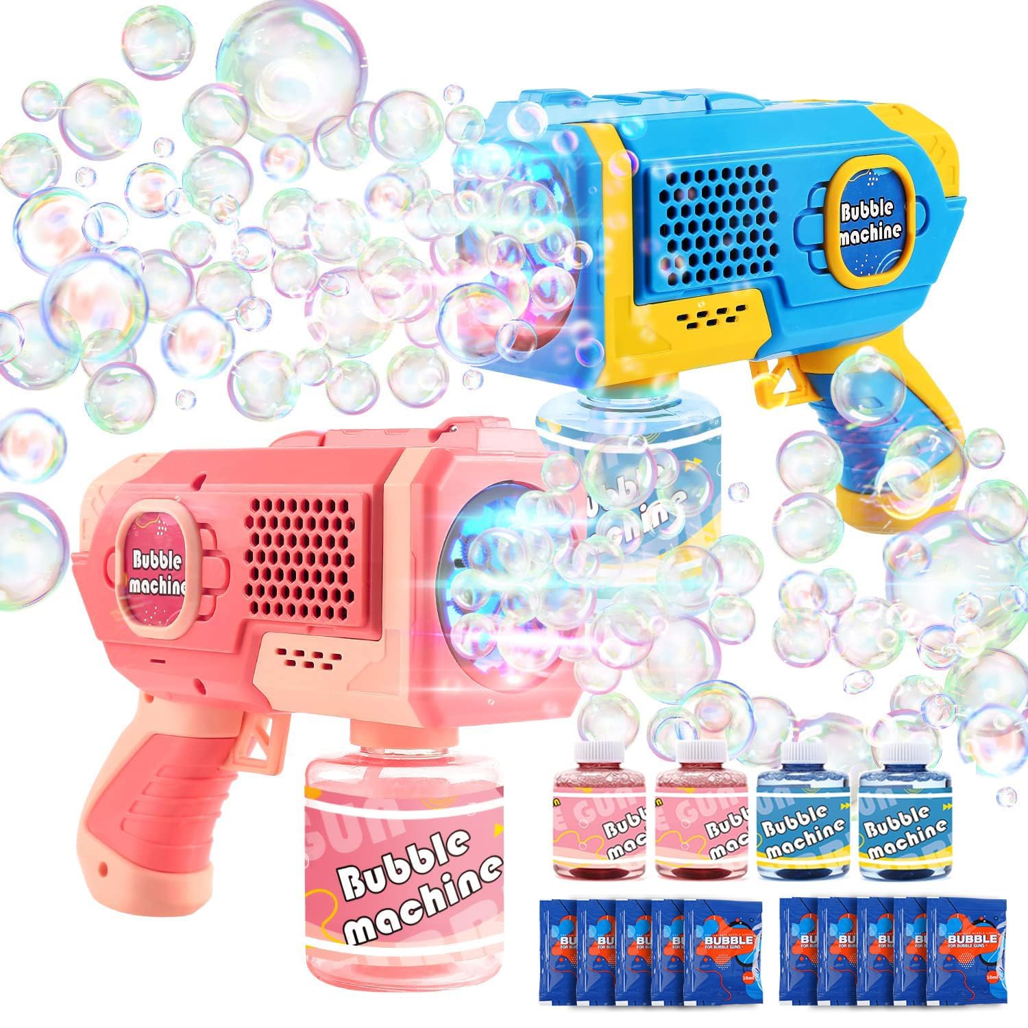EagleStone 2 Pistolets à Bulles LED pour Enfants, Machine à Bulles Automatique avec 4 Bouteilles 10 Sachets de Solution，Jouets d'extérieur, Cadeaux de Mariage et de fête de Pâques