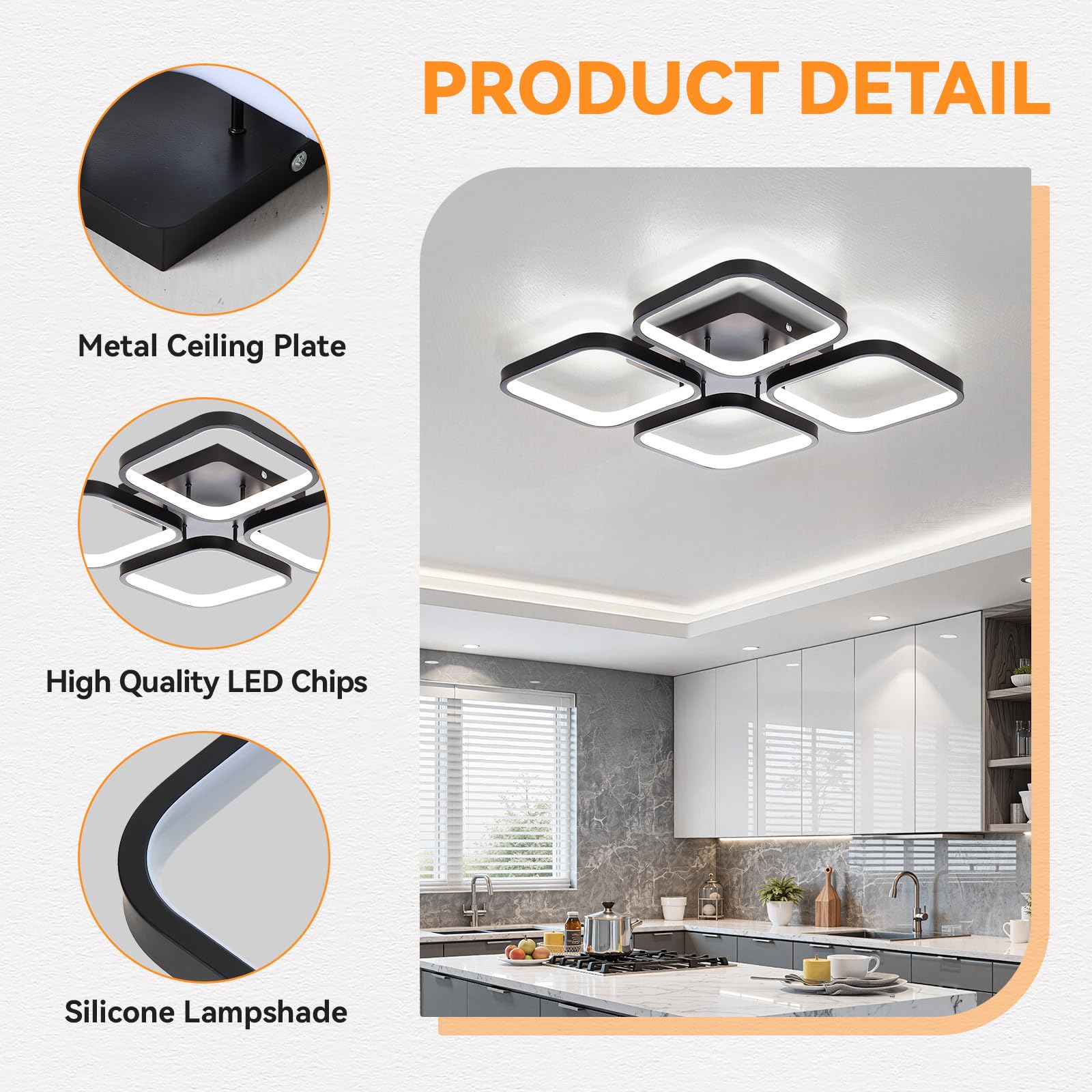Warmiehomy Modern LED Ceiling Lamp,60W LED Ceiling Lighting Fixtures,43CM Square 4 Lights Black Ceiling Lights with 6500K Cool White Light for Bedrooms - Image 3