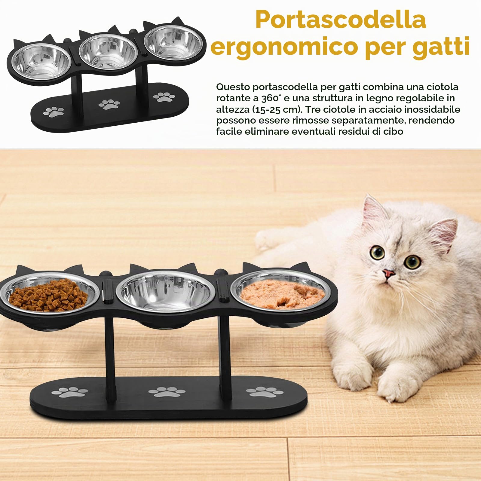 Ciotola per gatti rialzata in acciaio inox con supporto in legno regolabile per gatti e cani piccoli