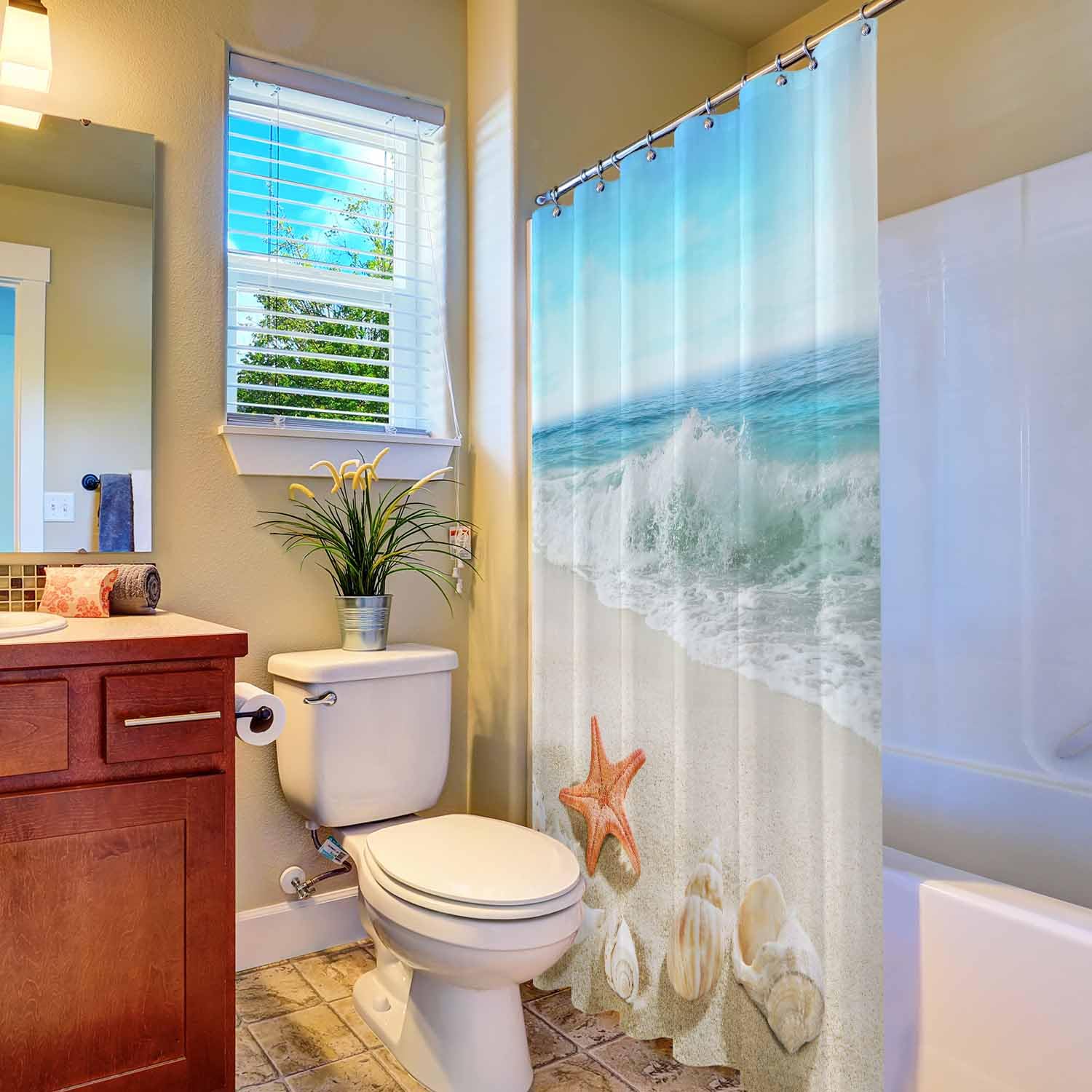 Woutay Shower Curtain Mould Proof Resistant Splashing Waves on The Beach,Water Repellant Fabric,Polyester,with 12 Plastic Hooks - Image 4