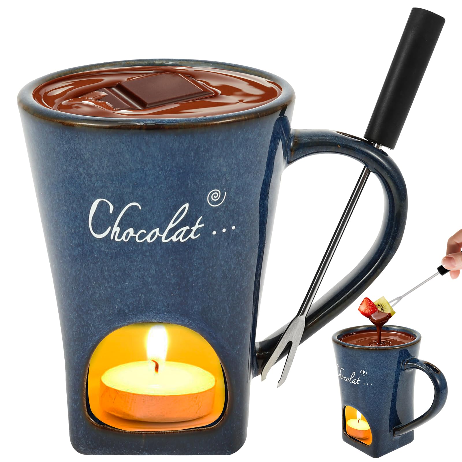 150ml Ceramic Chocolate Fondue Set with Fork, Multi Functional Milk Chocolate Melting Mug, Cheese Melting Pot for Cheese, Butter, Caramel(Gradient Blue)