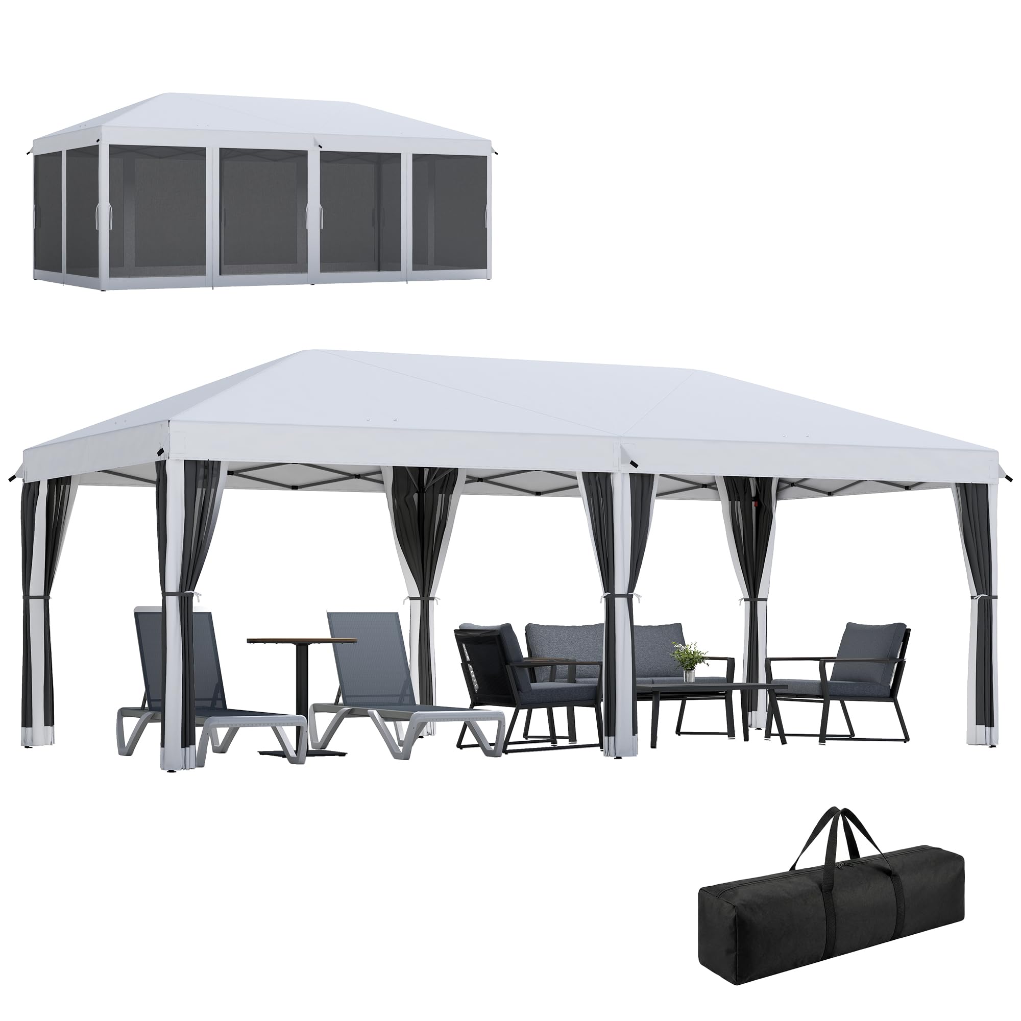 Outsunny Gazebo Pieghevole 6x3 m Pop Up con Zanzariera Anti UV Crema | Borsa da Trasporto, Gazebo da Esterno Resistente, Acciaio, Tessuto Oxford, Giardino, Feste, Campeggio