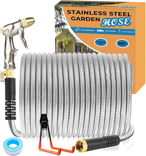 Stainless Steel Garden Hose Set with Brass Nozzle Hose Rack Hose Valve Flexible Anti-Kink, LightWeight,Puncture Proof,FrozenProof Heavy Duty Sprayer Head for Patio Yard Car Washing (50ft)