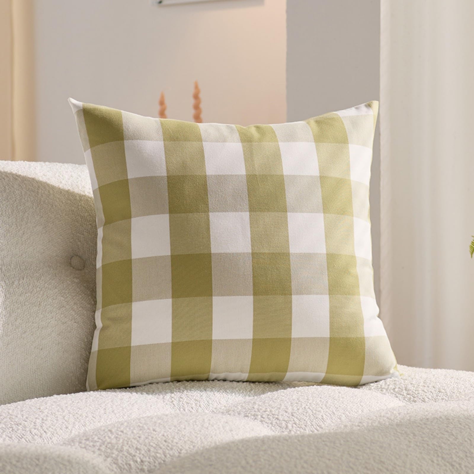 Cushion Covers 40cm x 40cm Grid Green Sofa Cushion Cover Linen with Invisible Zippers,Throw Pillow Covers for Bedroom Home Decor