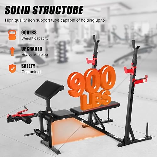 Miniatura 3 de Banco de pesas olímpico, banco de entrenamiento ajustable para levantamiento de pesas con barra y estante para sentadillas, extensión de piernas,