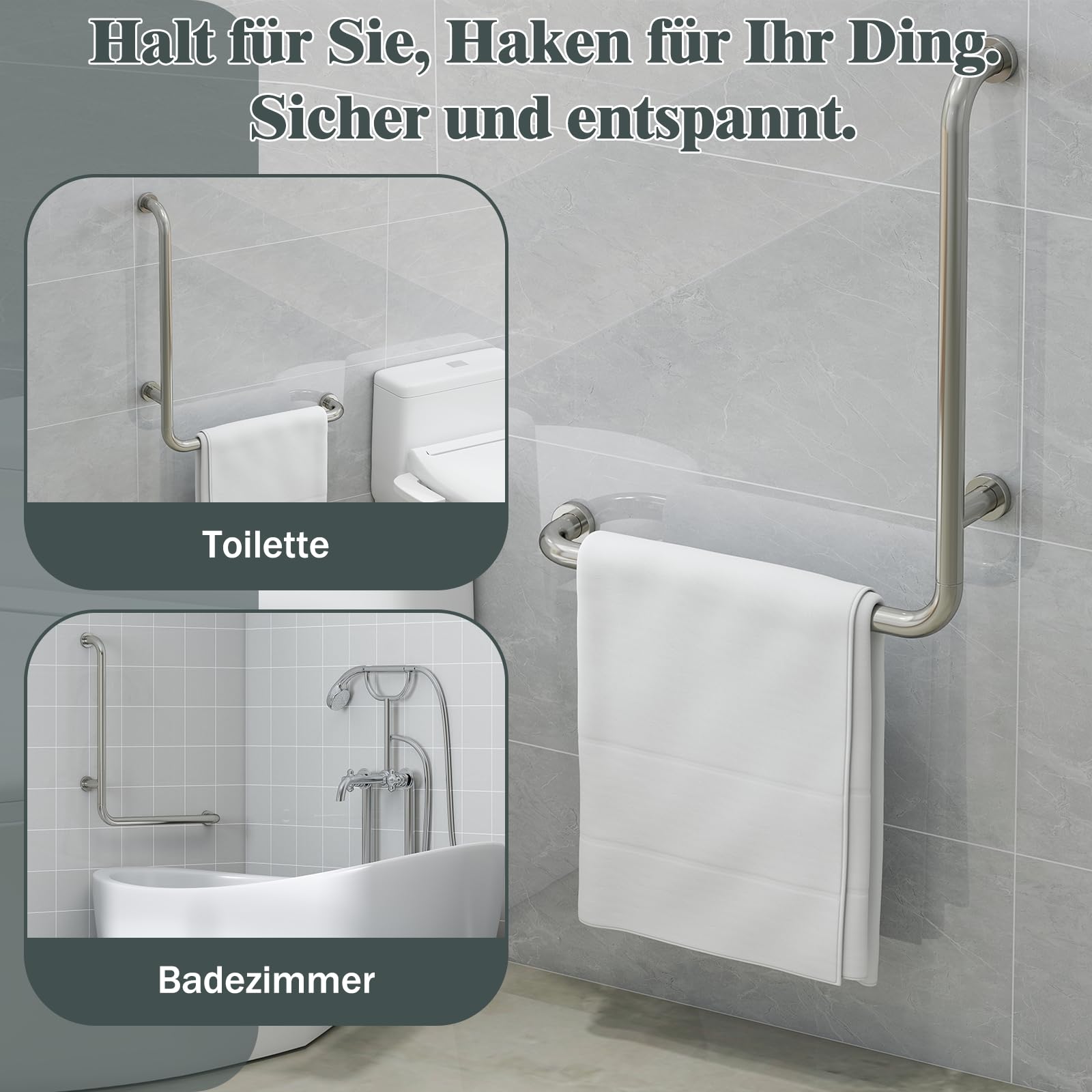 Barra de baño uyoyous, 70x50 cm, asa de seguridad de acero inoxidable, soporta hasta 300 kg, barra de bañera en forma de L vertical derecha, adecuada para personas con discapacidad