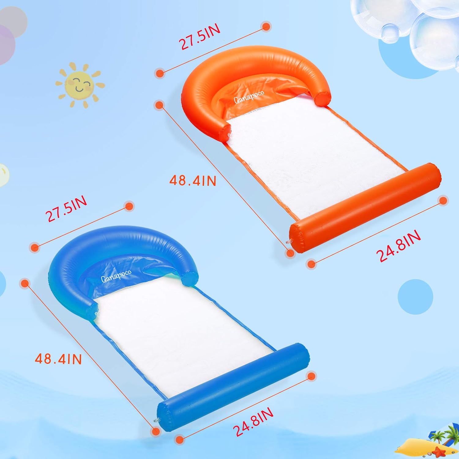 Ganapoco 2-Pack Hammock Inflatable Pool Floats, Multi-Purpose Pool Hammock (Saddle, Lounge Chair, Hammock, Drifter) Pool Chair, Portable Water Hammock Blue and Yellow