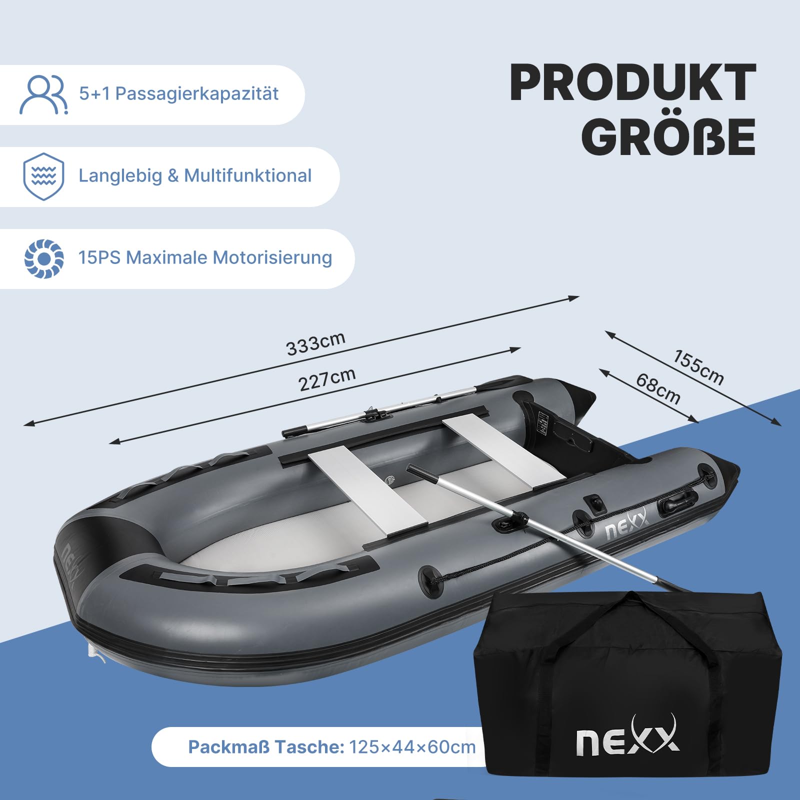 Barca sportiva professionale, gommone per pescatore, NEXX 330 cm con fondo in gomma - Canotto da pesca con borsa da trasporto, grigio chiaro - incl. 2 remi e kit di riparazione