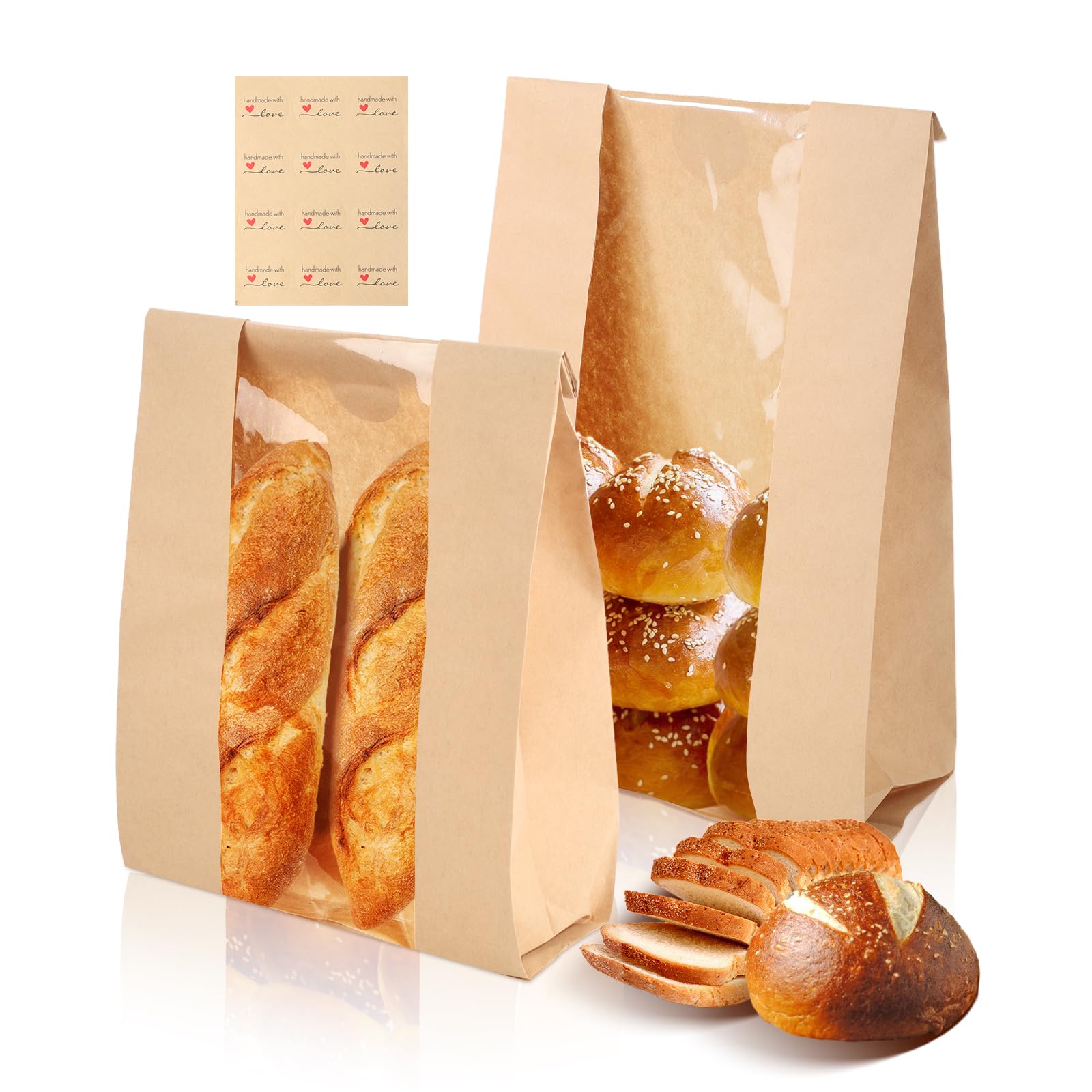Bakbania Brown 100 Pack Paper Bakery Bread Sourdough Bags With Stickers Bakery Packaging Bags With Window For Homemade Bread