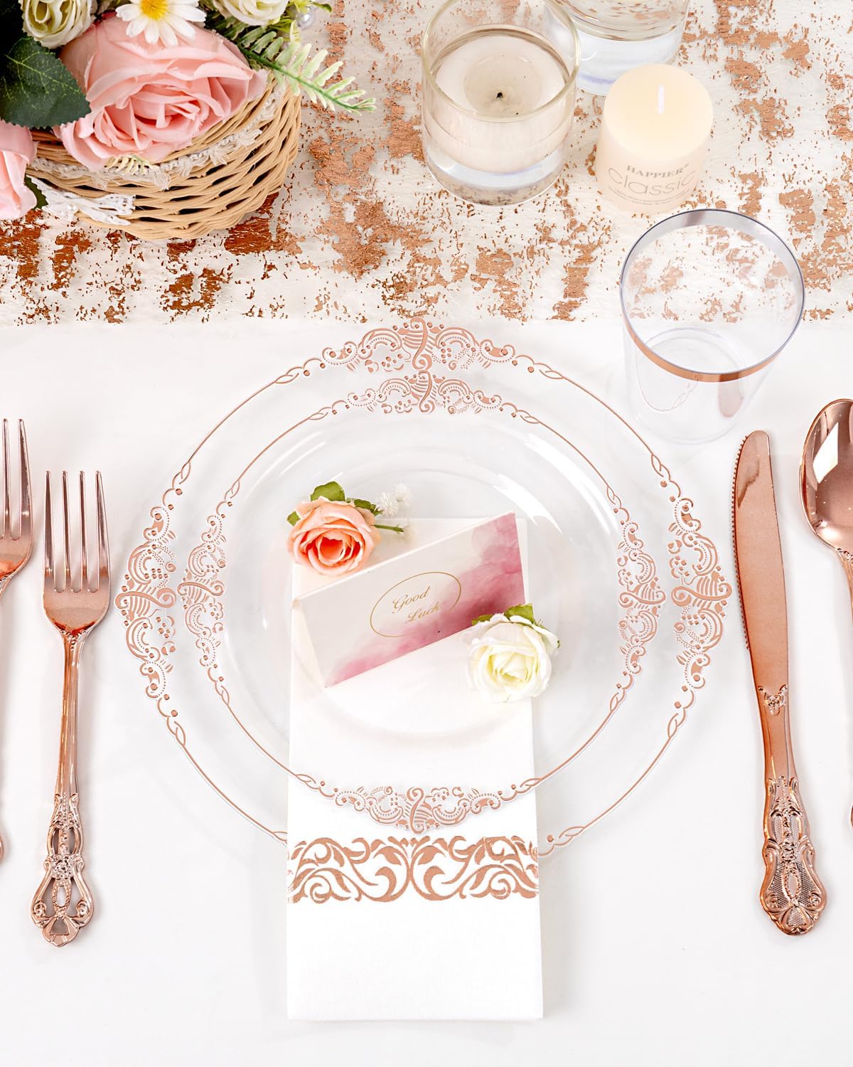 YOUBET 700PCS Rose Gold Plastic Plates - Clear Rose Gold Plastic Dinnerware Set Include 200 Disposable Plate, 300 Heavy Duty Silverware, 100 Cups, 100 Napkins for Wedding & Party & Baby Shower - Image 3