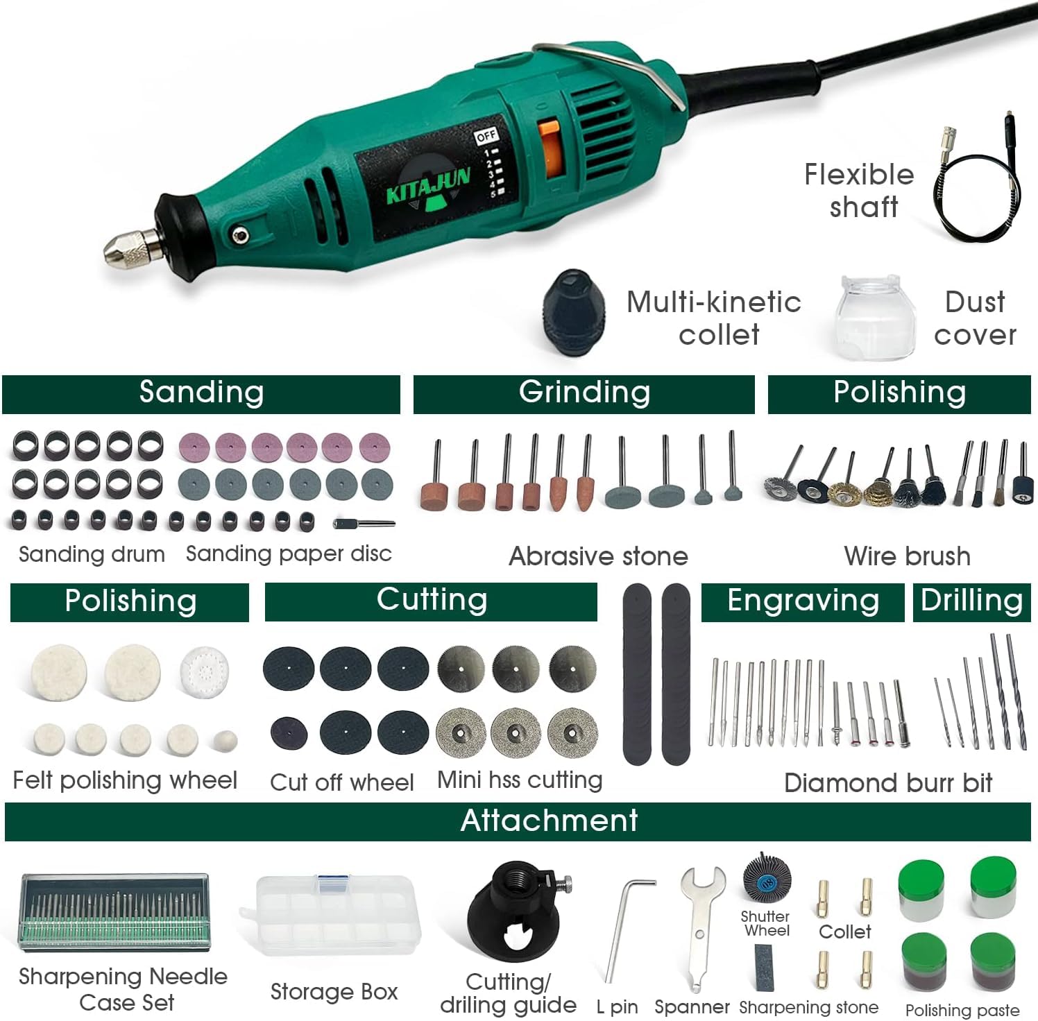 Rotary Tool Kit, 5 Speed Adjustments 10000-37000RPM, Equipped with Flex Shaft and Multifunctional Chuck, 218 Accessories, Power Multipurpose Set for Craft Projects and DIY Creations