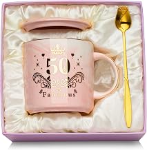 50th Birthday 50th Woman Gift Ceramic Cup Marble Pink Original Personalised Gift Idea Female 50th Birthday With Lid, Spoon, Greeting Card, Gift Box