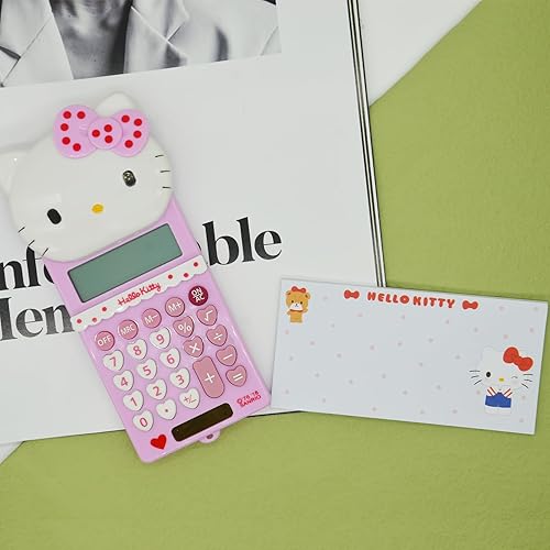 Miniatura 2 de Calculadora Kawaii Kitty con bloc de notas, 8 dígitos con pantalla LCD, calculadora de escritorio de gato rosa con energía solar y batería,