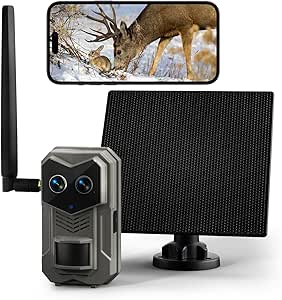 Trail Camera, 4G Dual-Lens Cellular Trail Camera with Built-in ESIM Card, 2.4K HD Live, Unlimited Data Plan, Solar Powered, Night Vision, No WiFi Needed Game Cam for Wildlife asin的图片