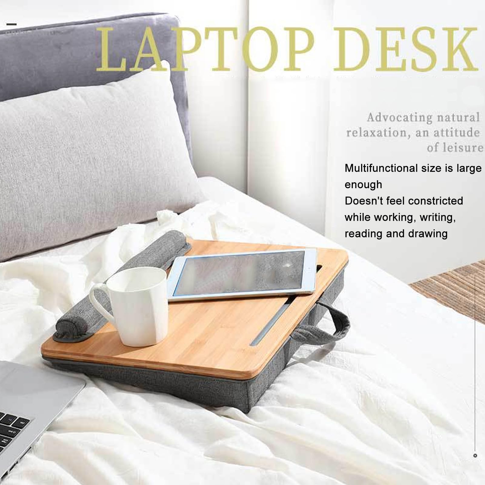 Bureau d'ordinateur Portable avec Coussin de Poignet, Bureau Portable Léger en Bambou, avec Fente pour Tablette avec Angle d'inclinaison, Idéal pour la Maison, Le, Le Travail et la Lecture